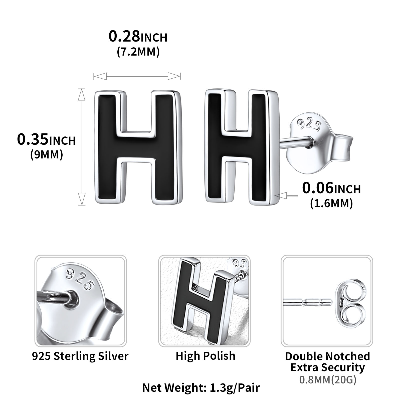 Sterling Silver ChicSilver 3D Initials Letter H Studs Earrings Details: Dimensions, Hypoallergenic, Push Back Finding
