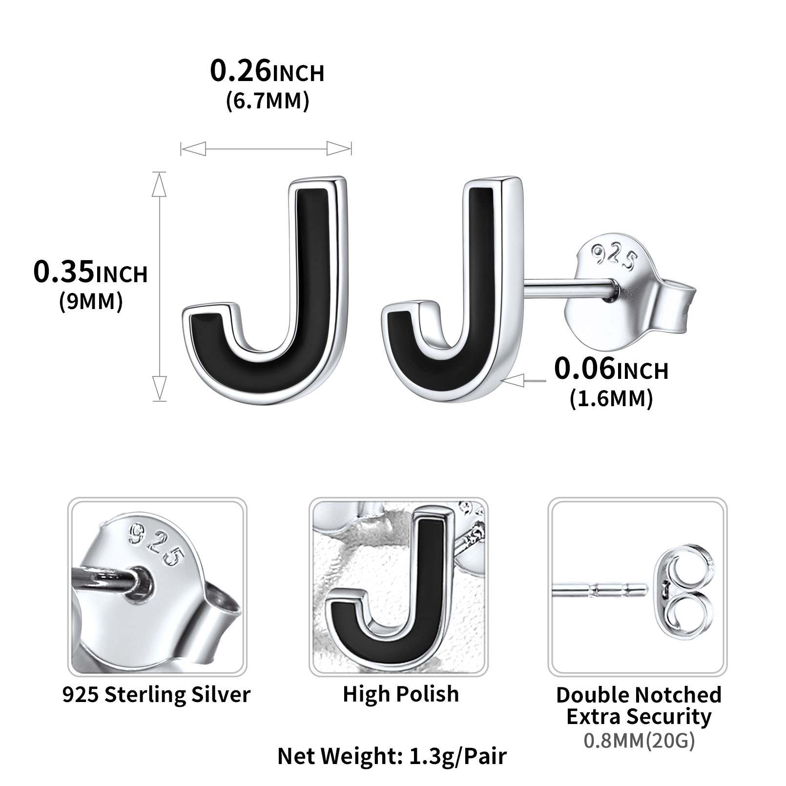 Sterling Silver ChicSilver 3D Initials Letter J Studs Earrings Details: Dimensions, Hypoallergenic, Push Back Finding