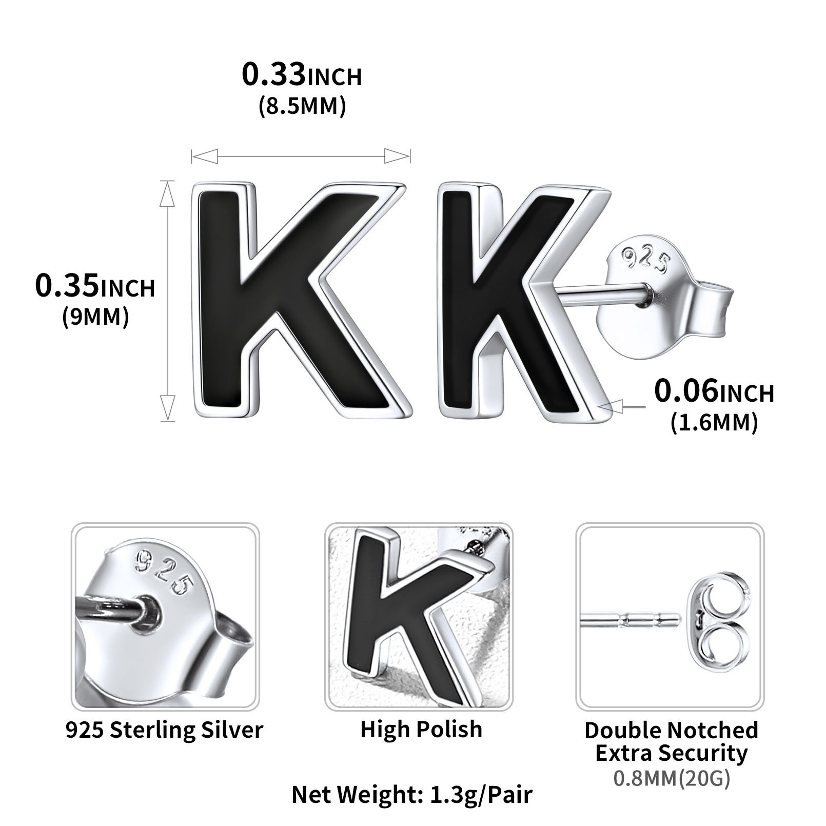 Sterling Silver ChicSilver 3D Initials Letter K Studs Earrings Details: Dimensions, Hypoallergenic, Push Back Finding