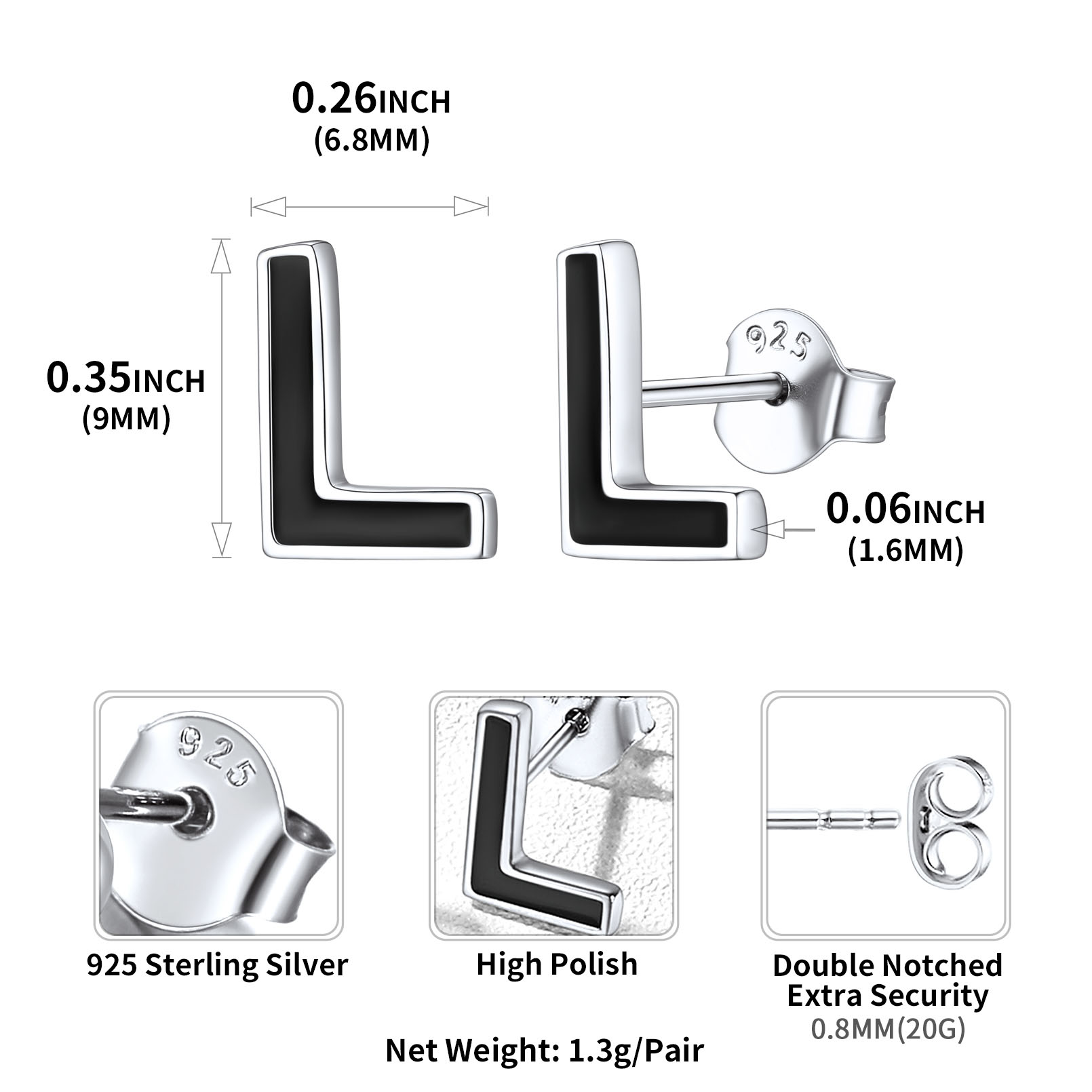 Sterling Silver ChicSilver 3D Initials Letter L Studs Earrings Details: Dimensions, Hypoallergenic, Push Back Finding