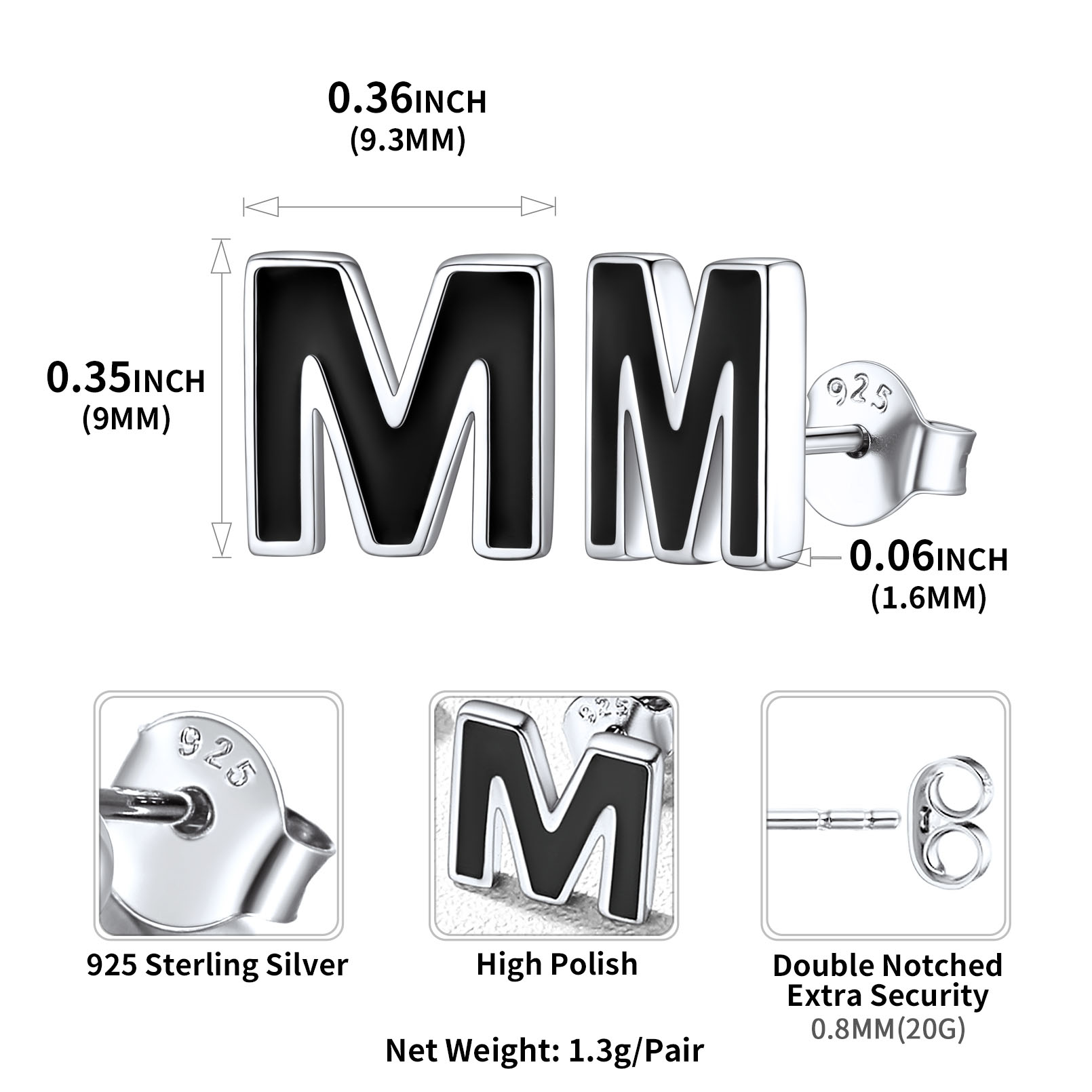 Sterling Silver ChicSilver 3D Initials Letter M Studs Earrings Details: Dimensions, Hypoallergenic, Push Back Finding