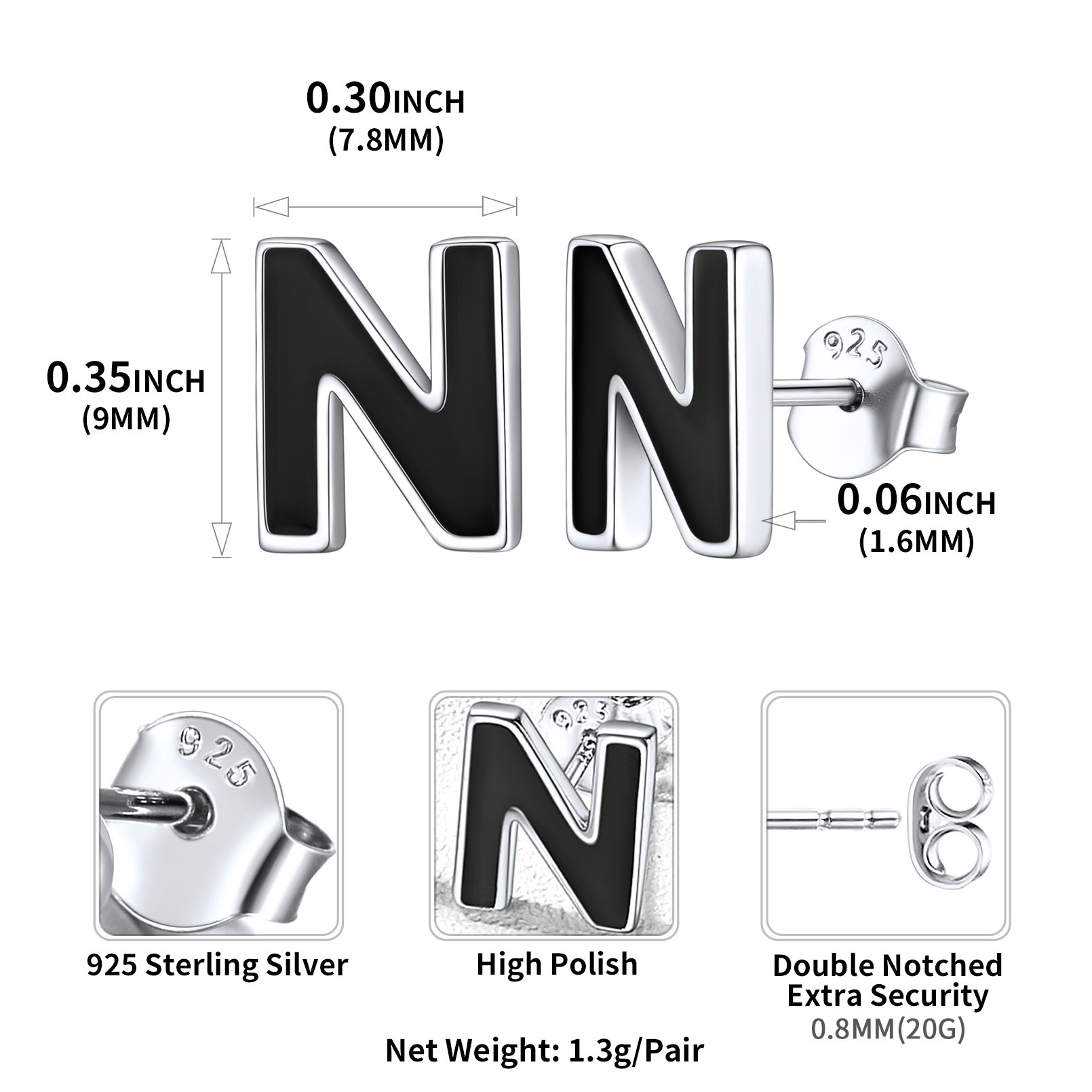 Sterling Silver ChicSilver 3D Initials Letter N Studs Earrings Details: Dimensions, Hypoallergenic, Push Back Finding