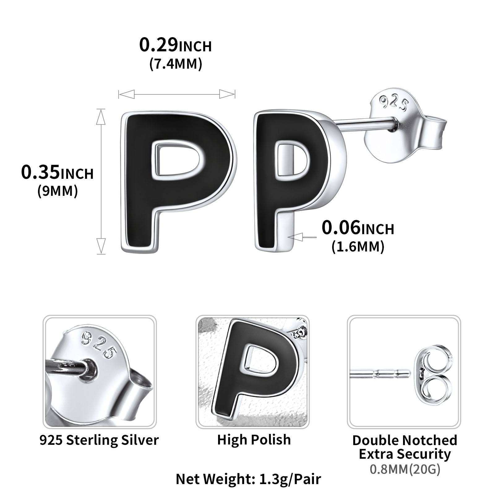 Sterling Silver ChicSilver 3D Initials Letter P Studs Earrings Details: Dimensions, Hypoallergenic, Push Back Finding