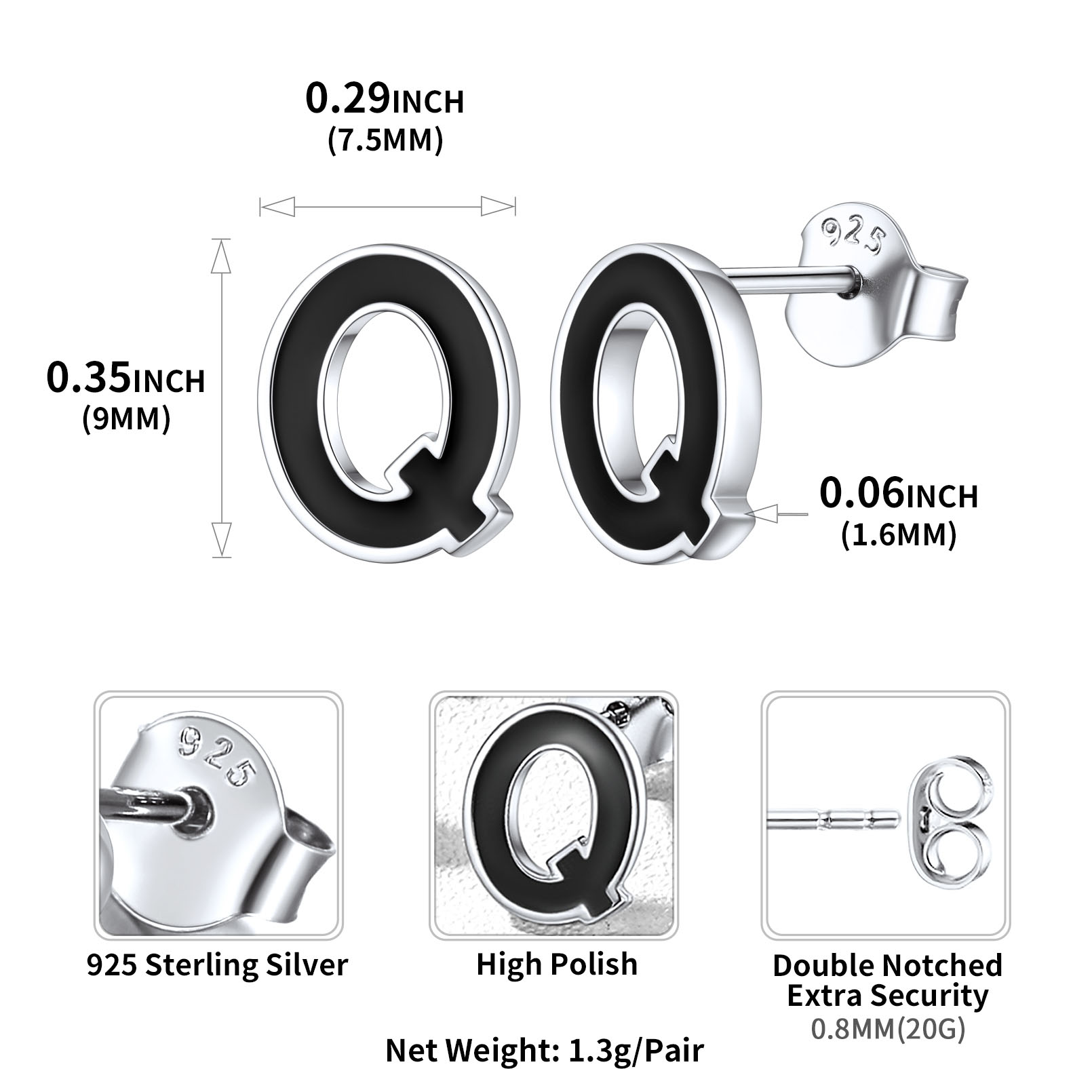 Sterling Silver ChicSilver 3D Initials Letter Q Studs Earrings Details: Dimensions, Hypoallergenic, Push Back Finding