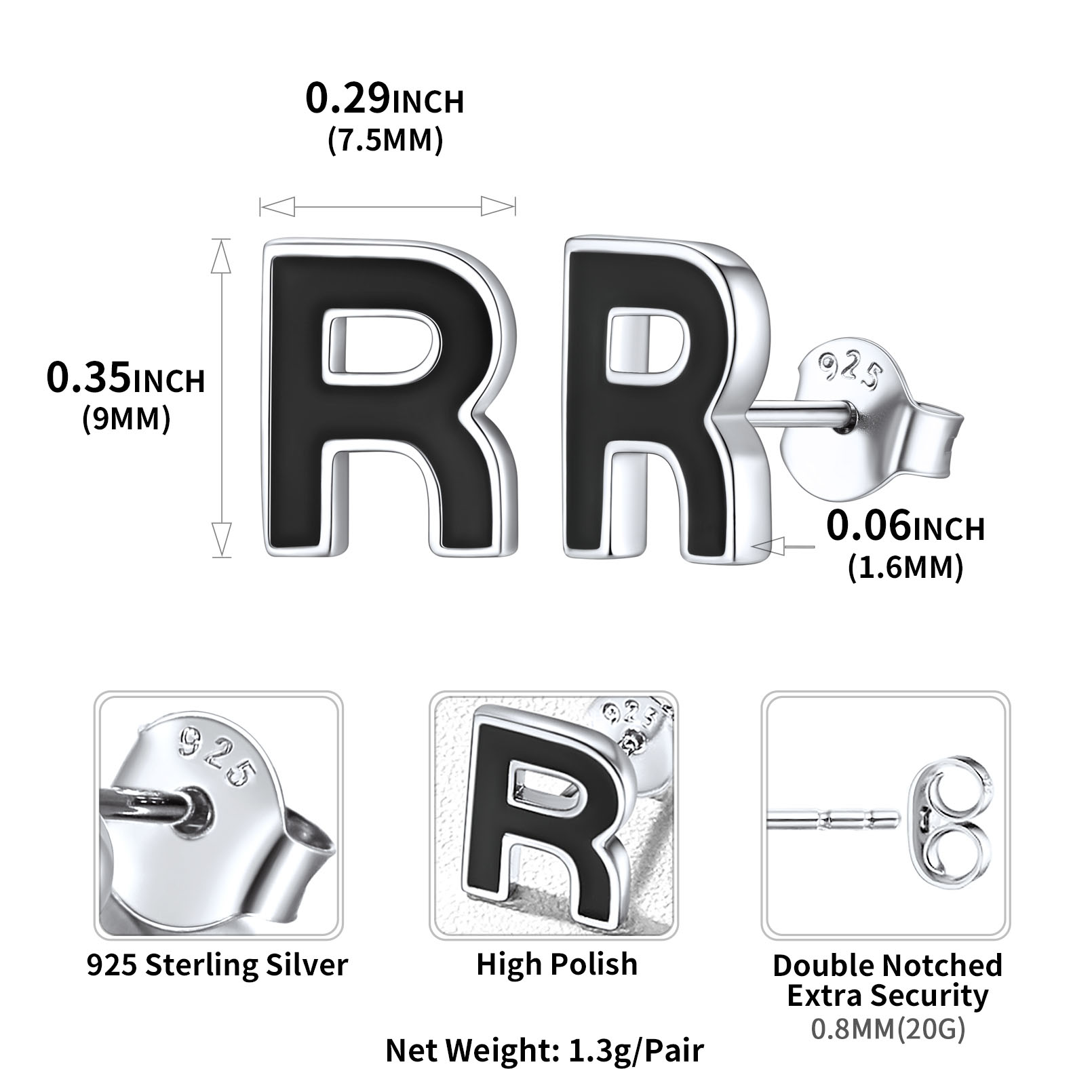 Sterling Silver ChicSilver 3D Initials Letter R Studs Earrings Details: Dimensions, Hypoallergenic, Push Back Finding
