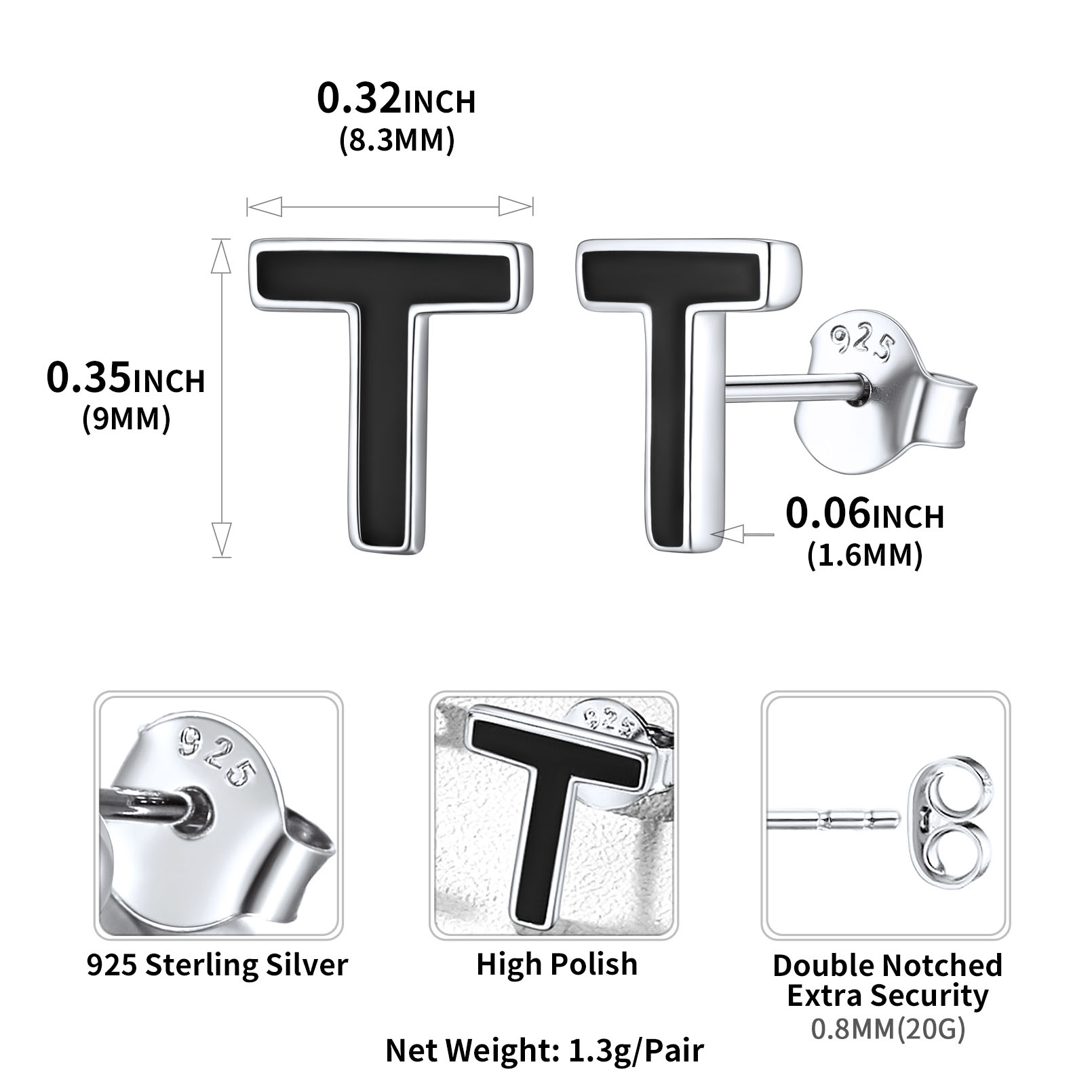 Sterling Silver ChicSilver 3D Initials Letter T Studs Earrings Details: Dimensions, Hypoallergenic, Push Back Finding