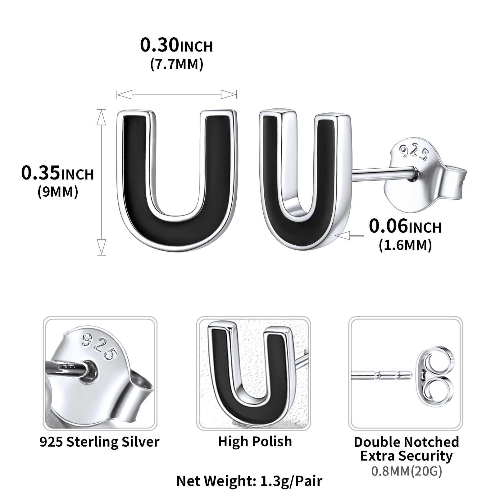 Sterling Silver ChicSilver 3D Initials Letter U Studs Earrings Details: Dimensions, Hypoallergenic, Push Back Finding