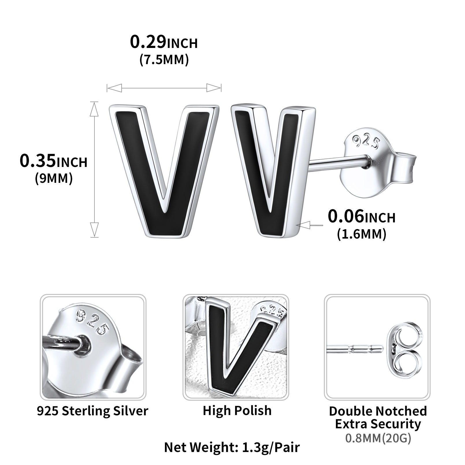 Sterling Silver ChicSilver 3D Initials Letter V Studs Earrings Details: Dimensions, Hypoallergenic, Push Back Finding