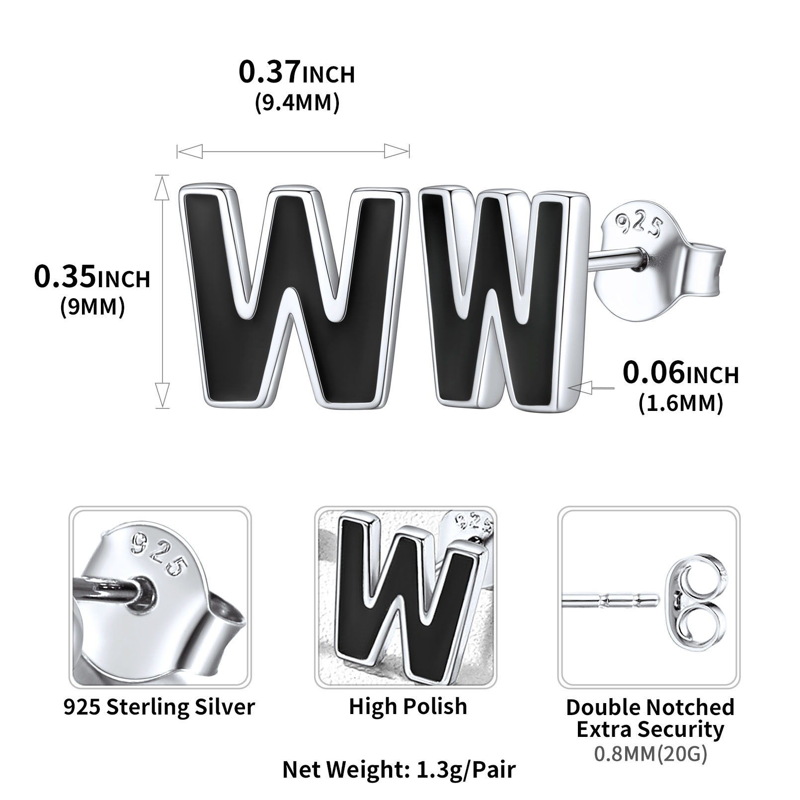 Sterling Silver ChicSilver 3D Initials Letter W Studs Earrings Details: Dimensions, Hypoallergenic, Push Back Finding