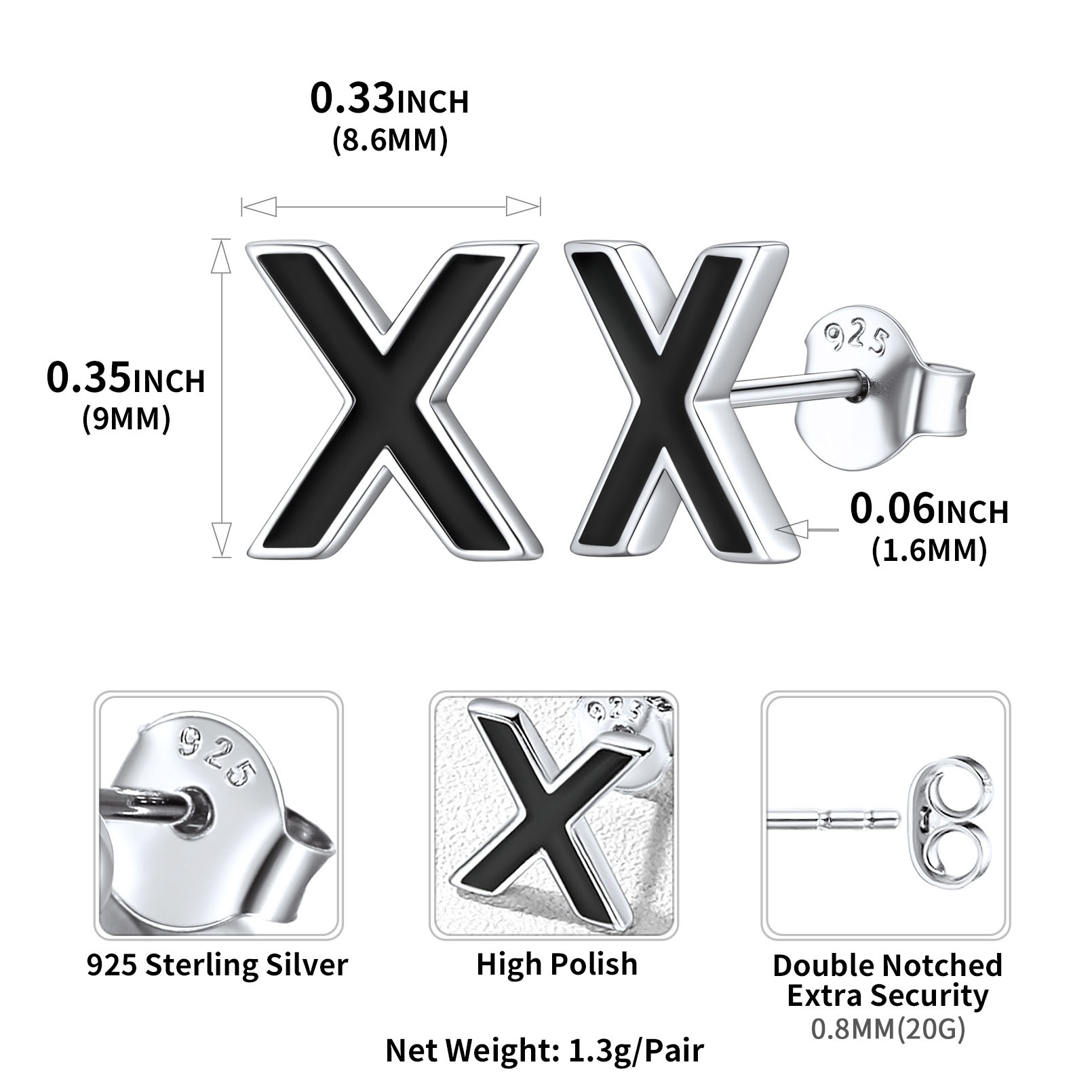 Sterling Silver ChicSilver 3D Initials Letter X Studs Earrings Details: Dimensions, Hypoallergenic, Push Back Finding