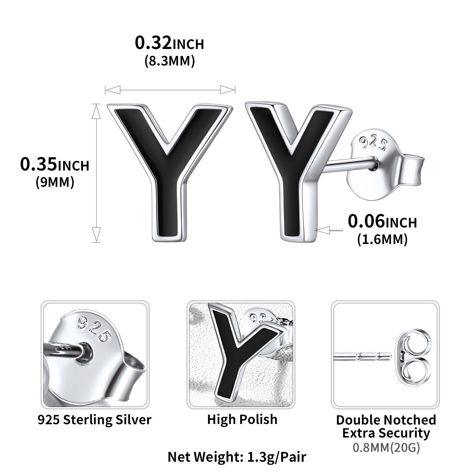 Sterling Silver ChicSilver 3D Initials Letter Y Studs Earrings Details: Dimensions, Hypoallergenic, Push Back Finding