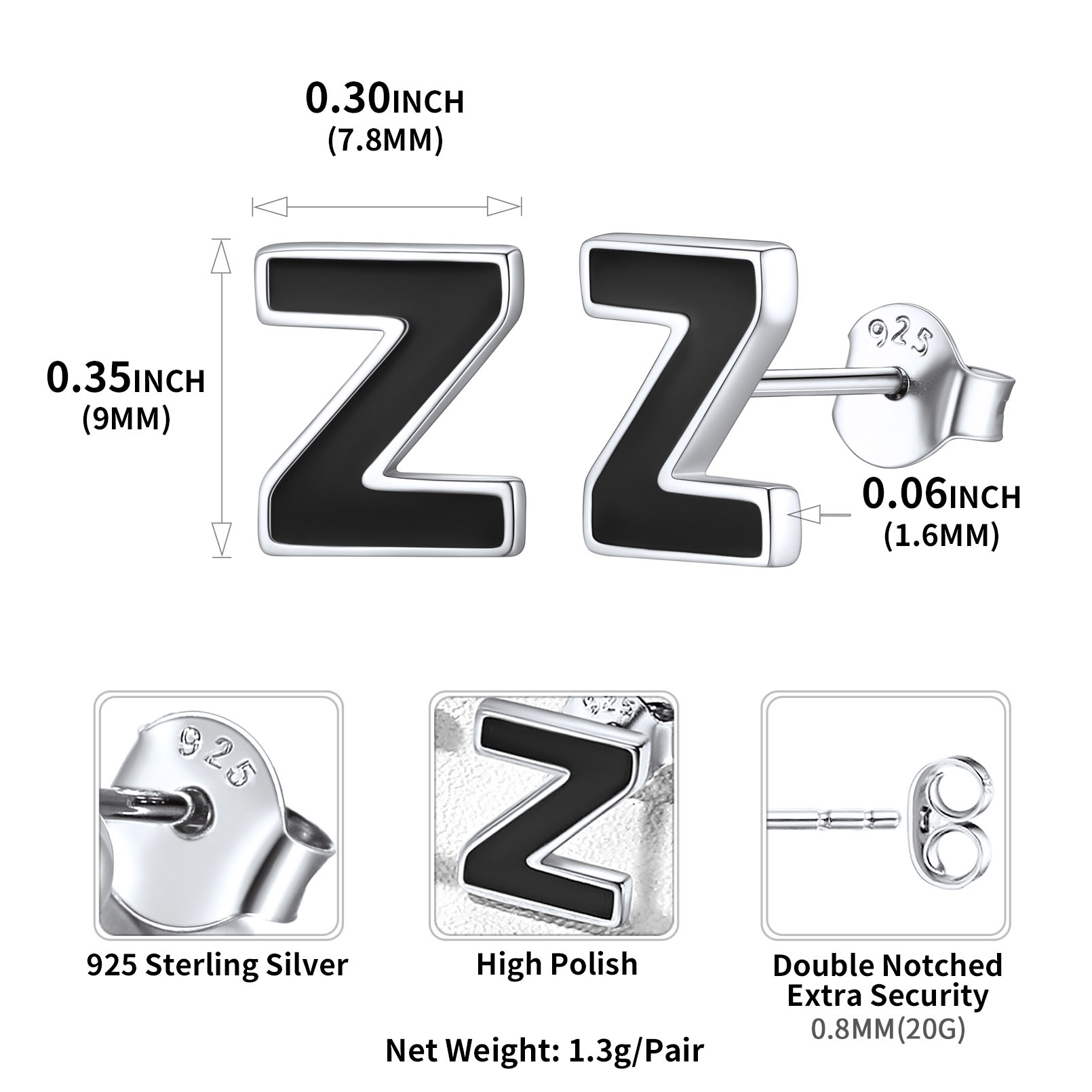 Sterling Silver ChicSilver 3D Initials Letter Z Studs Earrings Details: Dimensions, Hypoallergenic, Push Back Finding