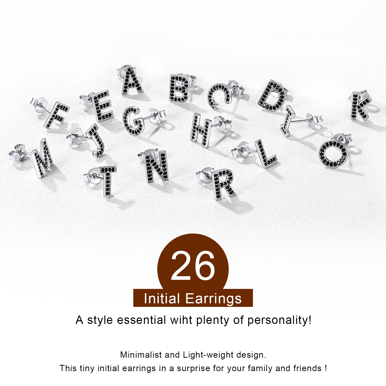 Sterling Silver ChicSilver Dainty Black Cubic Zirconia Initial Alphabet Stud Earrings