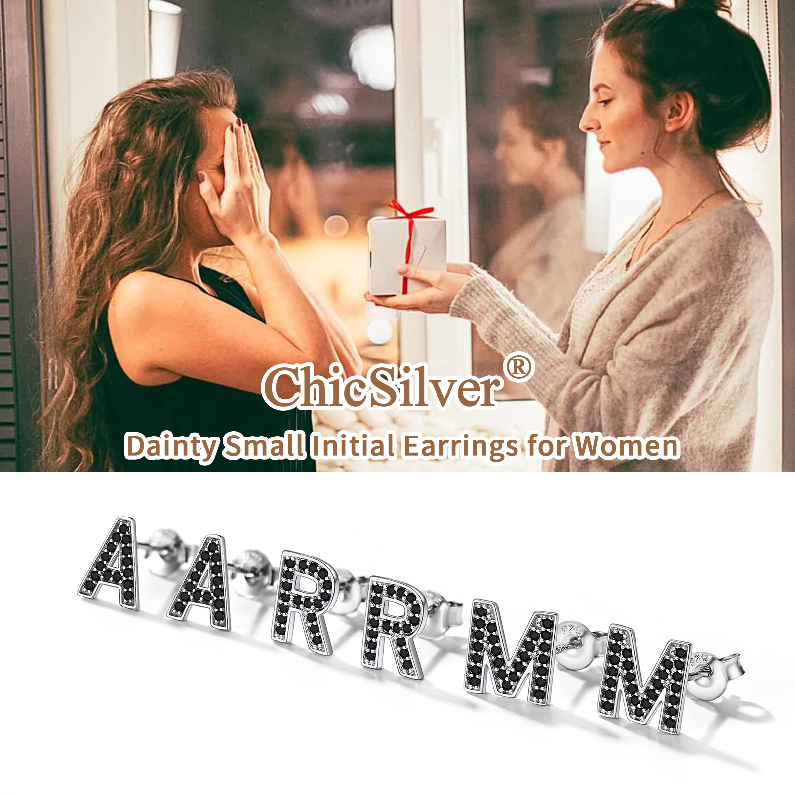 Sterling Silver ChicSilver Dainty Black Cubic Zirconia Initial Alphabet Stud Earrings