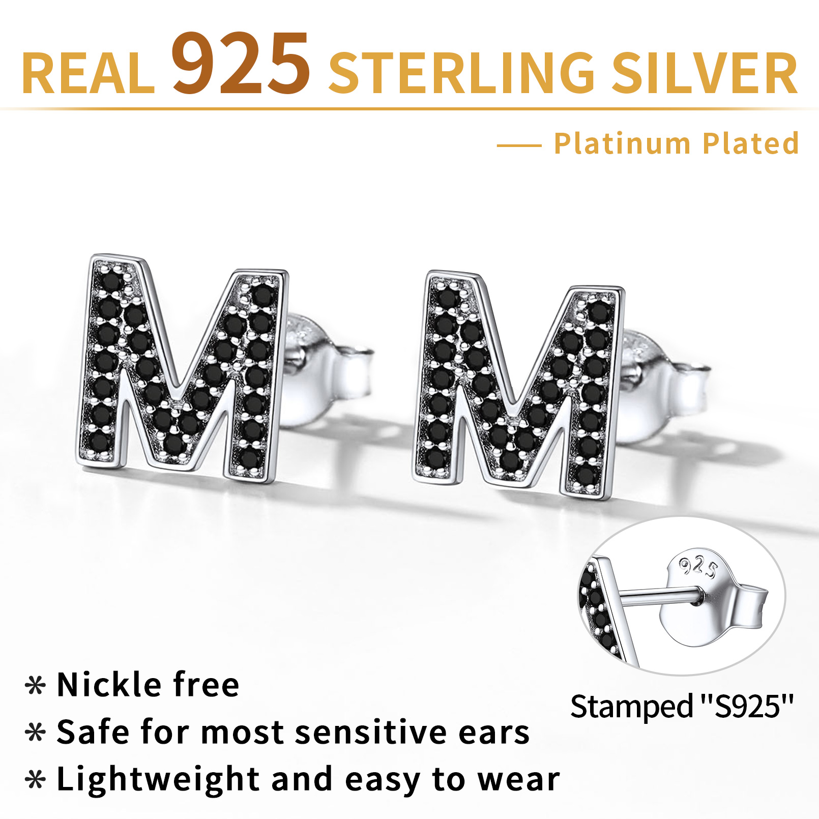 Sterling Silver ChicSilver Dainty Black Cubic Zirconia Initial Alphabet Stud Earrings