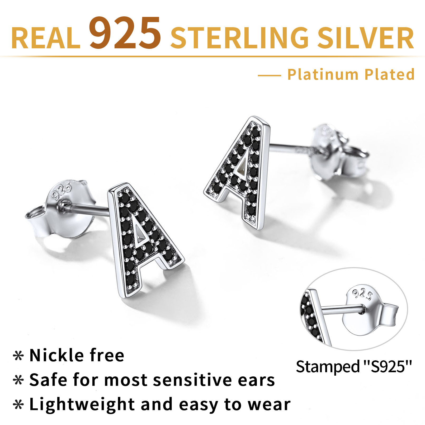 Sterling Silver ChicSilver Dainty Black Cubic Zirconia Initial Alphabet Stud Earrings