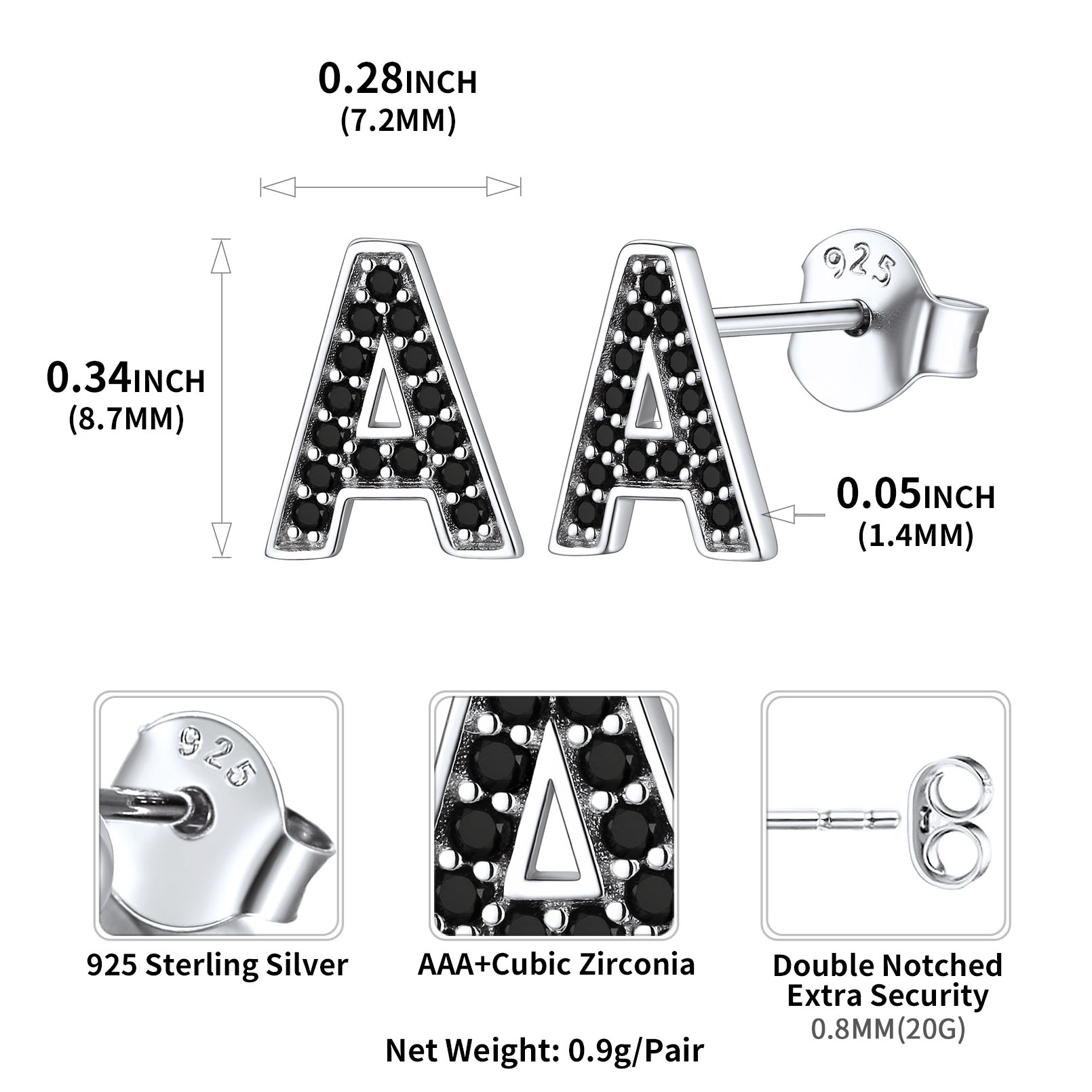 Sterling Silver ChicSilver Dainty Black Cubic Zirconia Initial A Alphabet Stud Earrings Details: Dimensions, Hypoallergenic, Push Back Finding