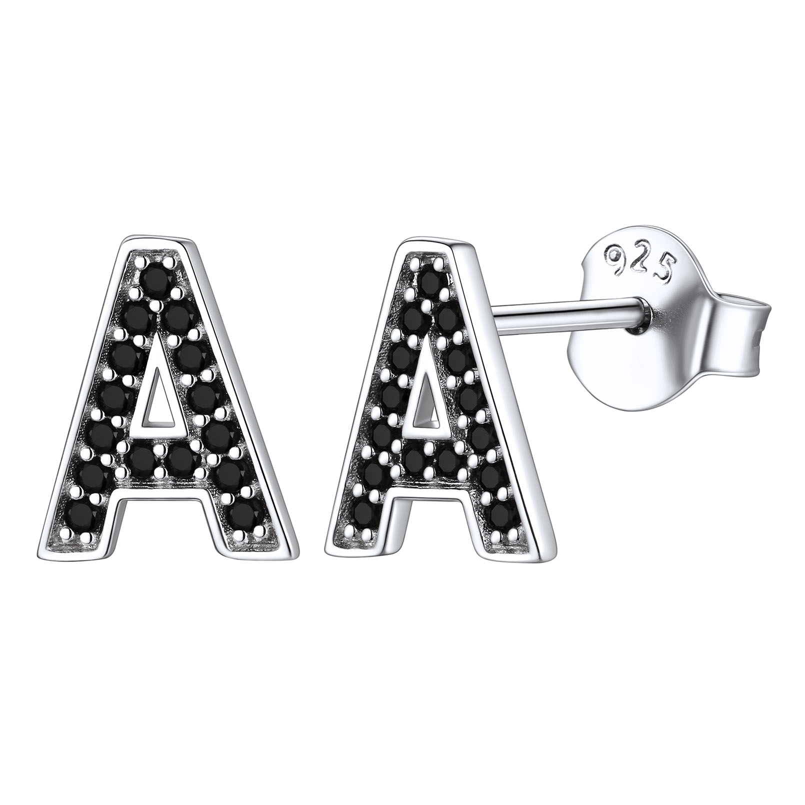 Dainty Black Cubic Zirconia Initial Alphabet Stud Earrings
