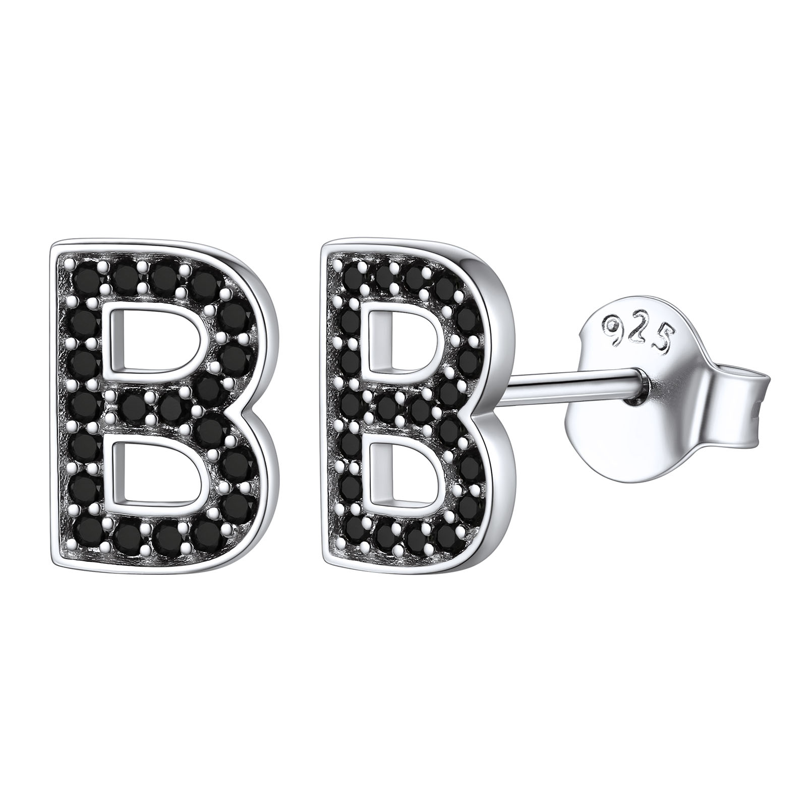 Dainty Black Cubic Zirconia Initial Alphabet Stud Earrings