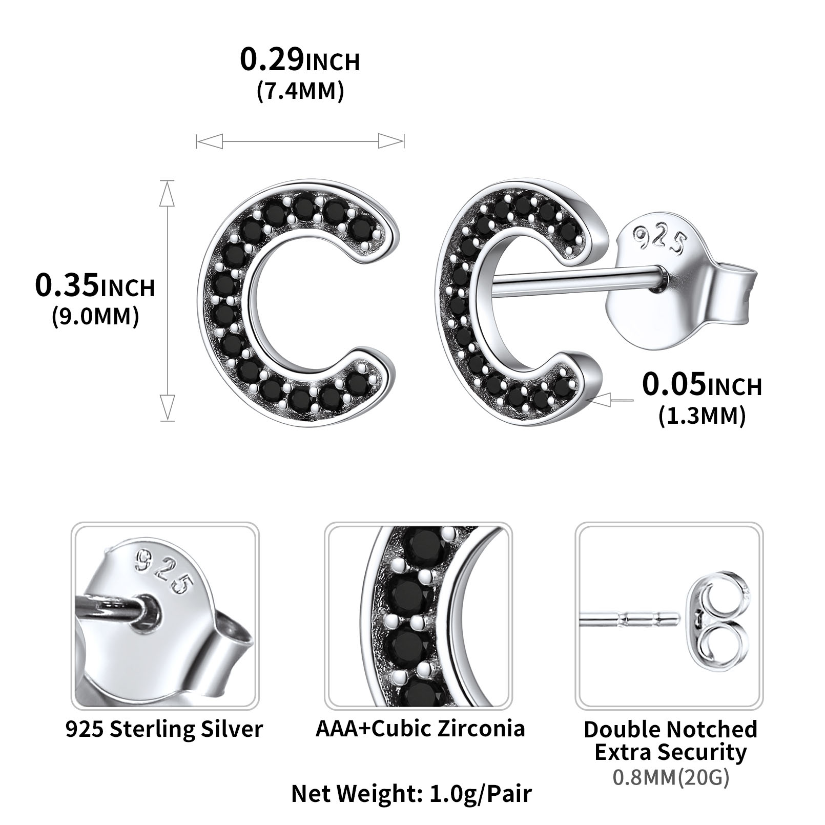 Sterling Silver ChicSilver Dainty Black Cubic Zirconia Initial C Alphabet Stud Earrings Details: Dimensions, Hypoallergenic, Push Back Finding