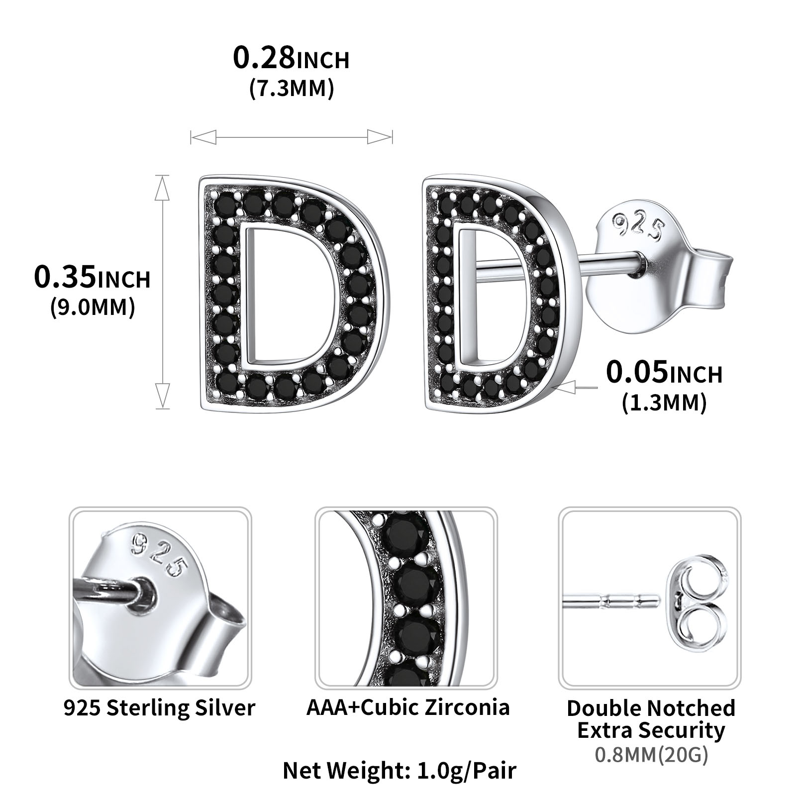 Sterling Silver ChicSilver Dainty Black Cubic Zirconia Initial D Alphabet Stud Earrings Details: Dimensions, Hypoallergenic, Push Back Finding