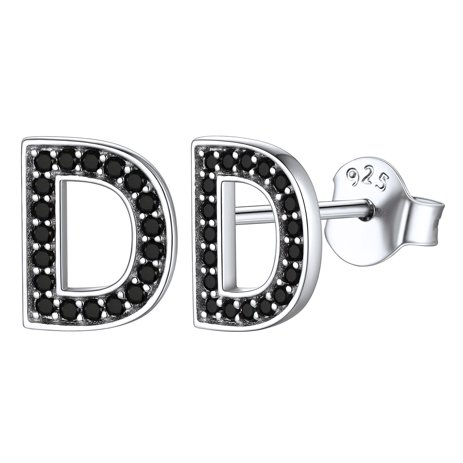 Dainty Black Cubic Zirconia Initial Alphabet Stud Earrings