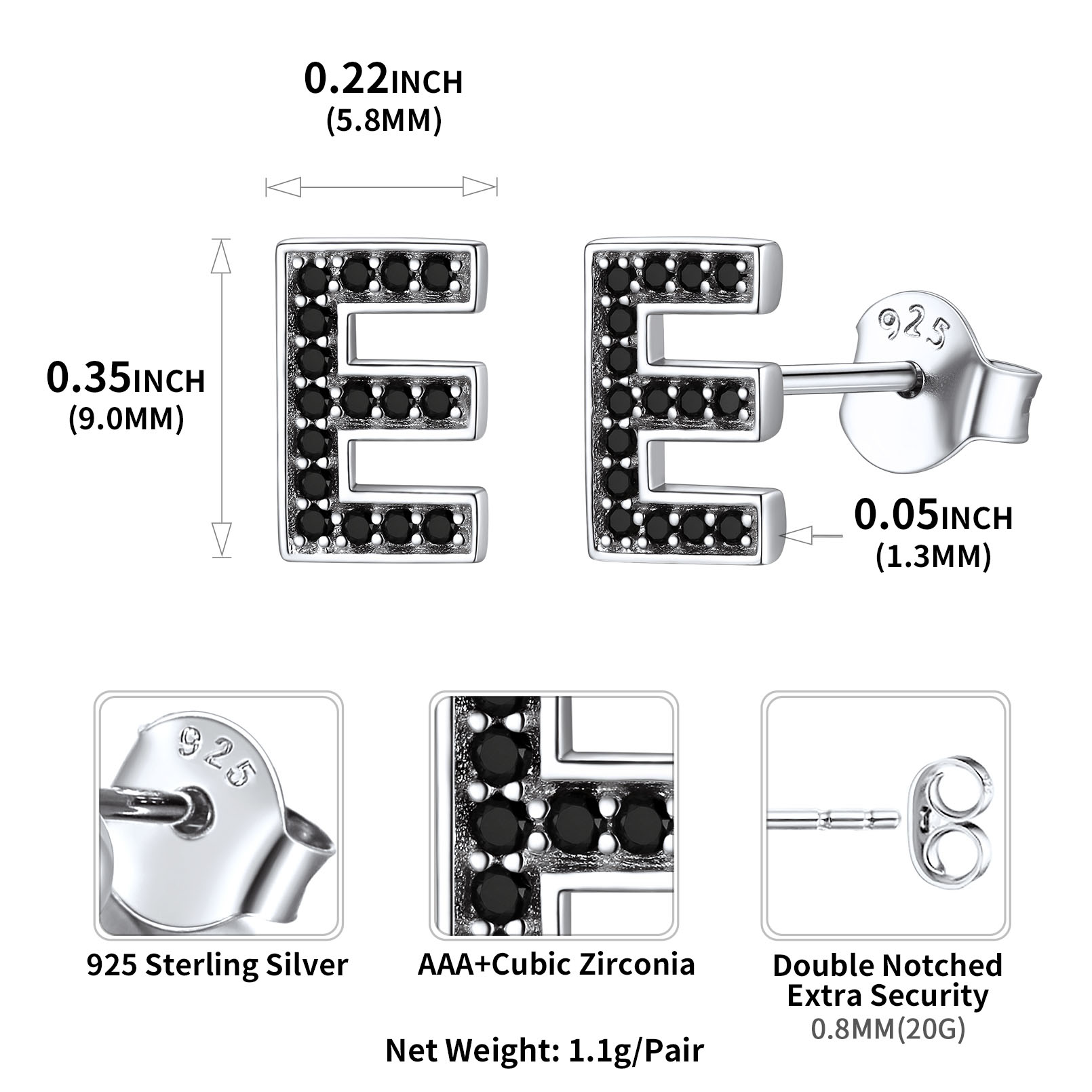 Sterling Silver ChicSilver Dainty Black Cubic Zirconia Initial E Alphabet Stud Earrings Details: Dimensions, Hypoallergenic, Push Back Finding