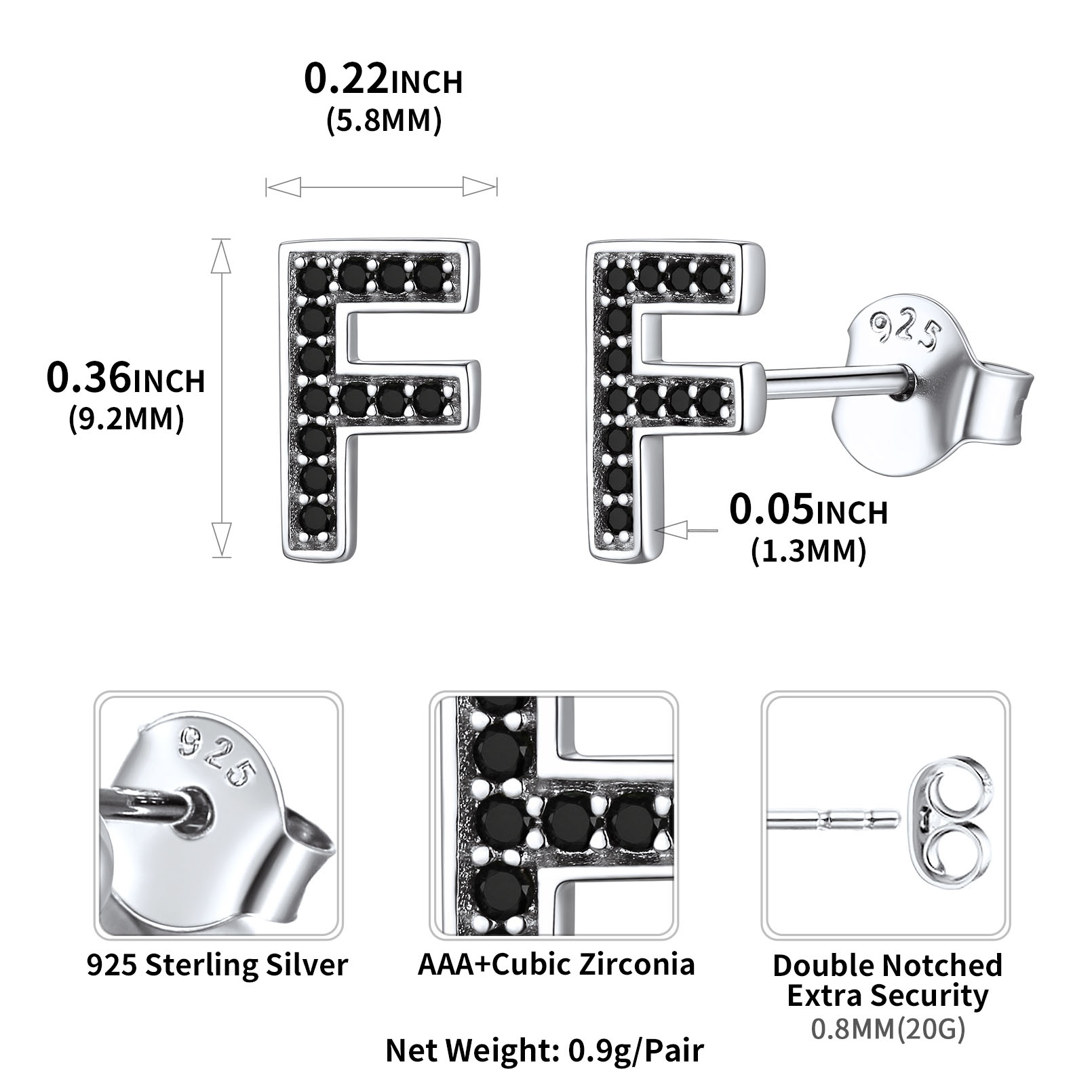 Sterling Silver ChicSilver Dainty Black Cubic Zirconia Initial F Alphabet Stud Earrings Details: Dimensions, Hypoallergenic, Push Back Finding