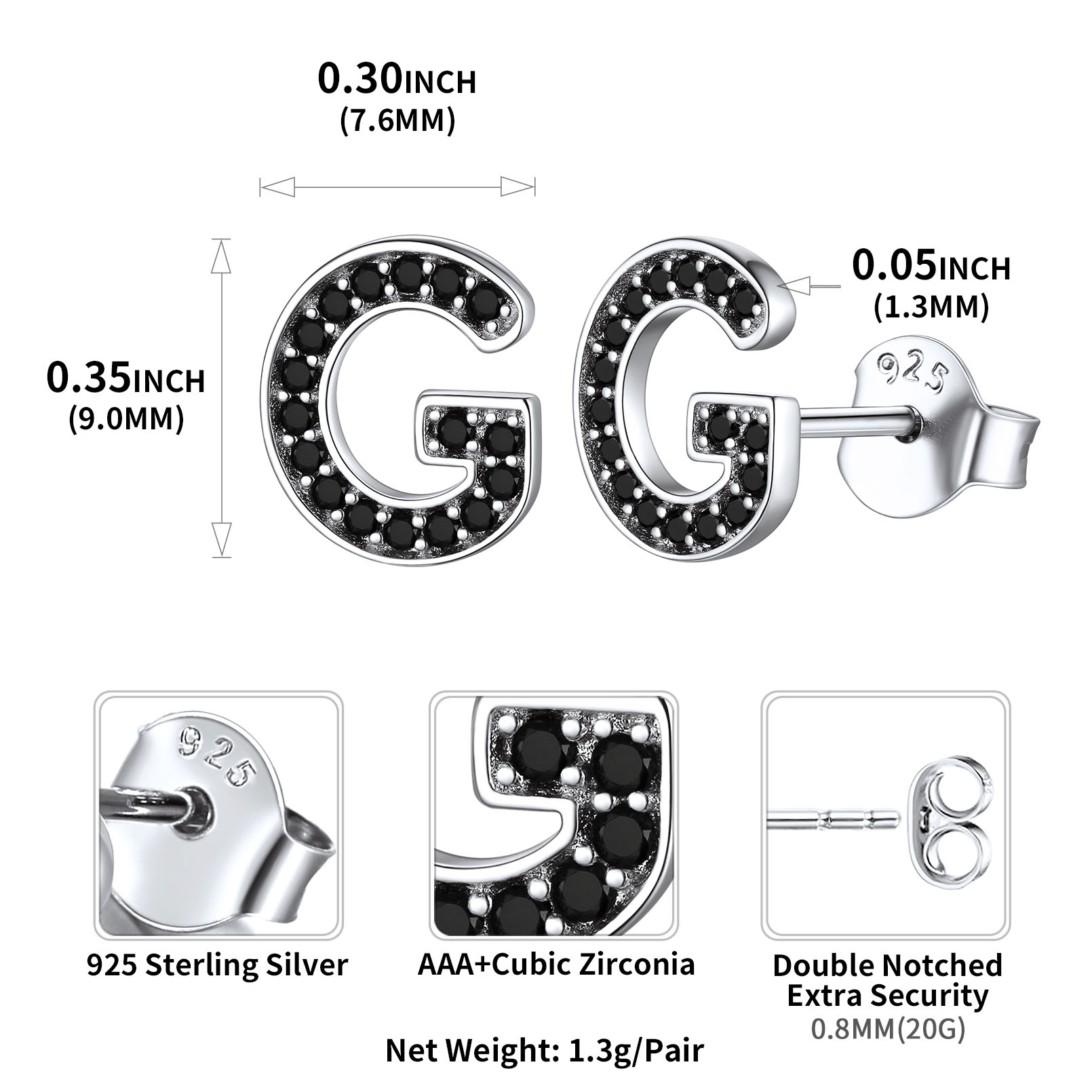 Sterling Silver ChicSilver Dainty Black Cubic Zirconia Initial G Alphabet Stud Earrings Details: Dimensions, Hypoallergenic, Push Back Finding