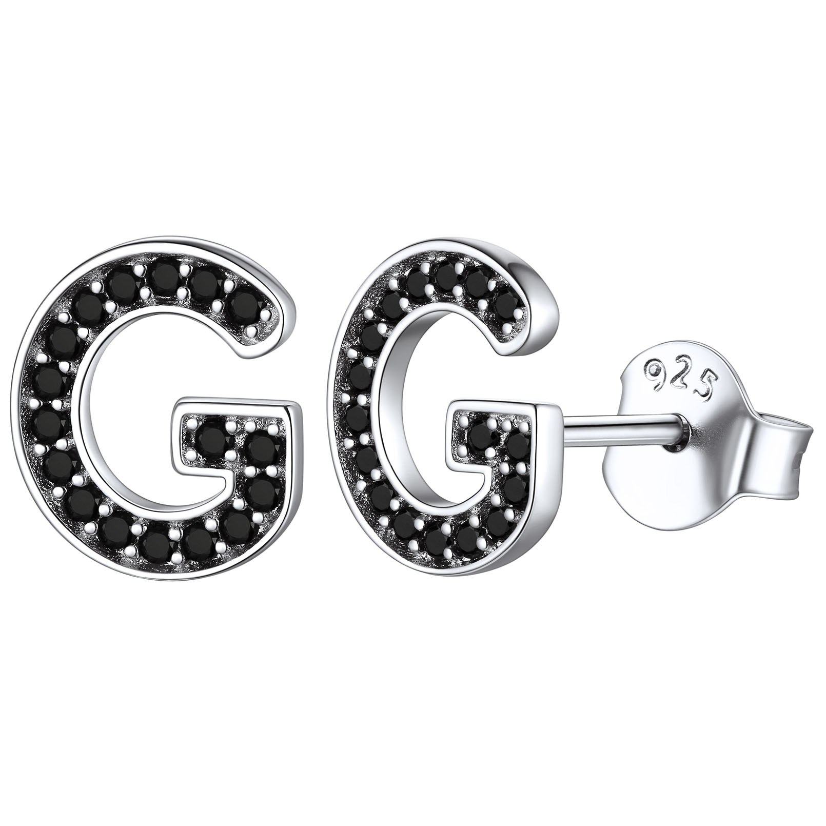 Dainty Black Cubic Zirconia Initial Alphabet Stud Earrings