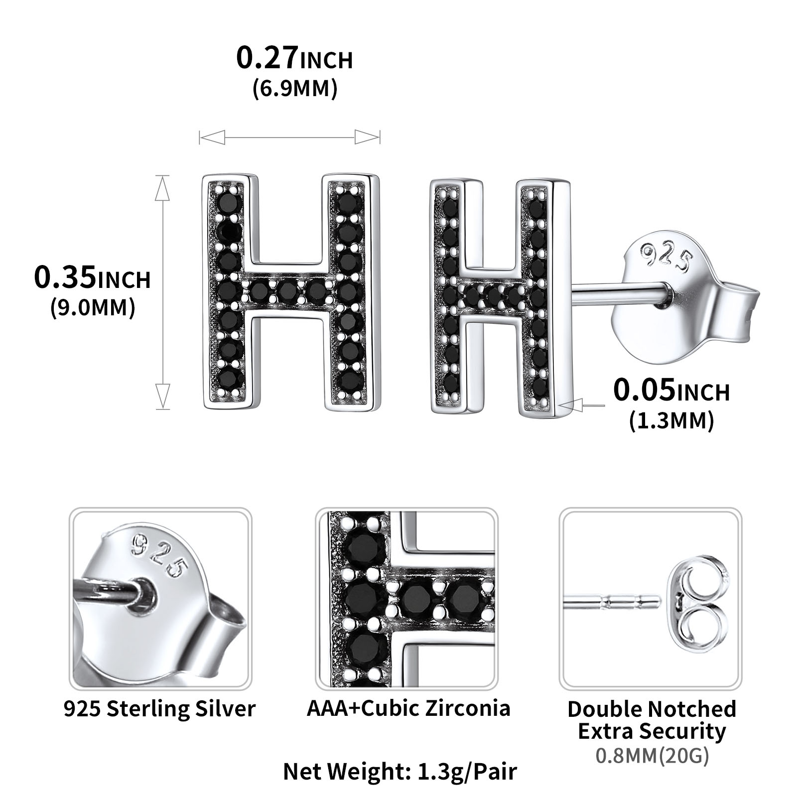 Sterling Silver ChicSilver Dainty Black Cubic Zirconia Initial H Alphabet Stud Earrings Details: Dimensions, Hypoallergenic, Push Back Finding