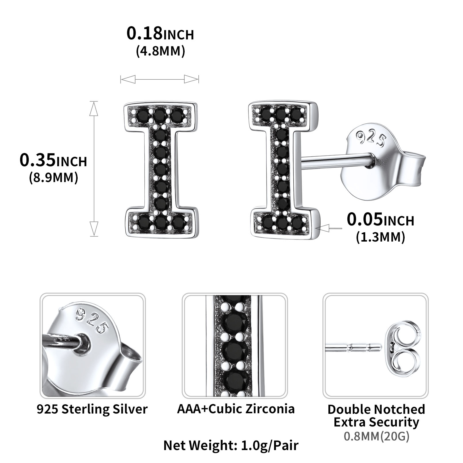 Sterling Silver ChicSilver Dainty Black Cubic Zirconia Initial I Alphabet Stud Earrings Details: Dimensions, Hypoallergenic, Push Back Finding