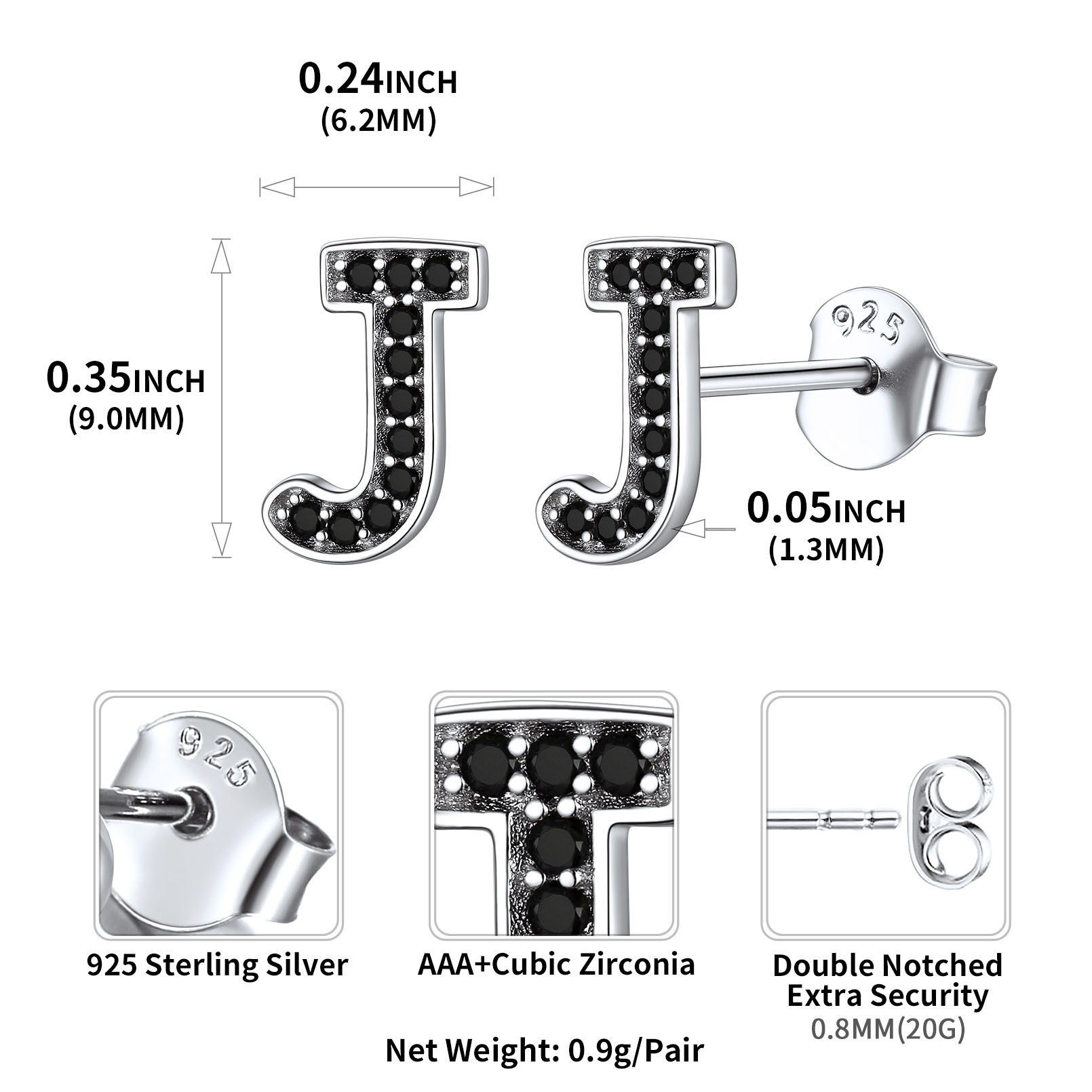Sterling Silver ChicSilver Dainty Black Cubic Zirconia Initial J Alphabet Stud Earrings Details: Dimensions, Hypoallergenic, Push Back Finding