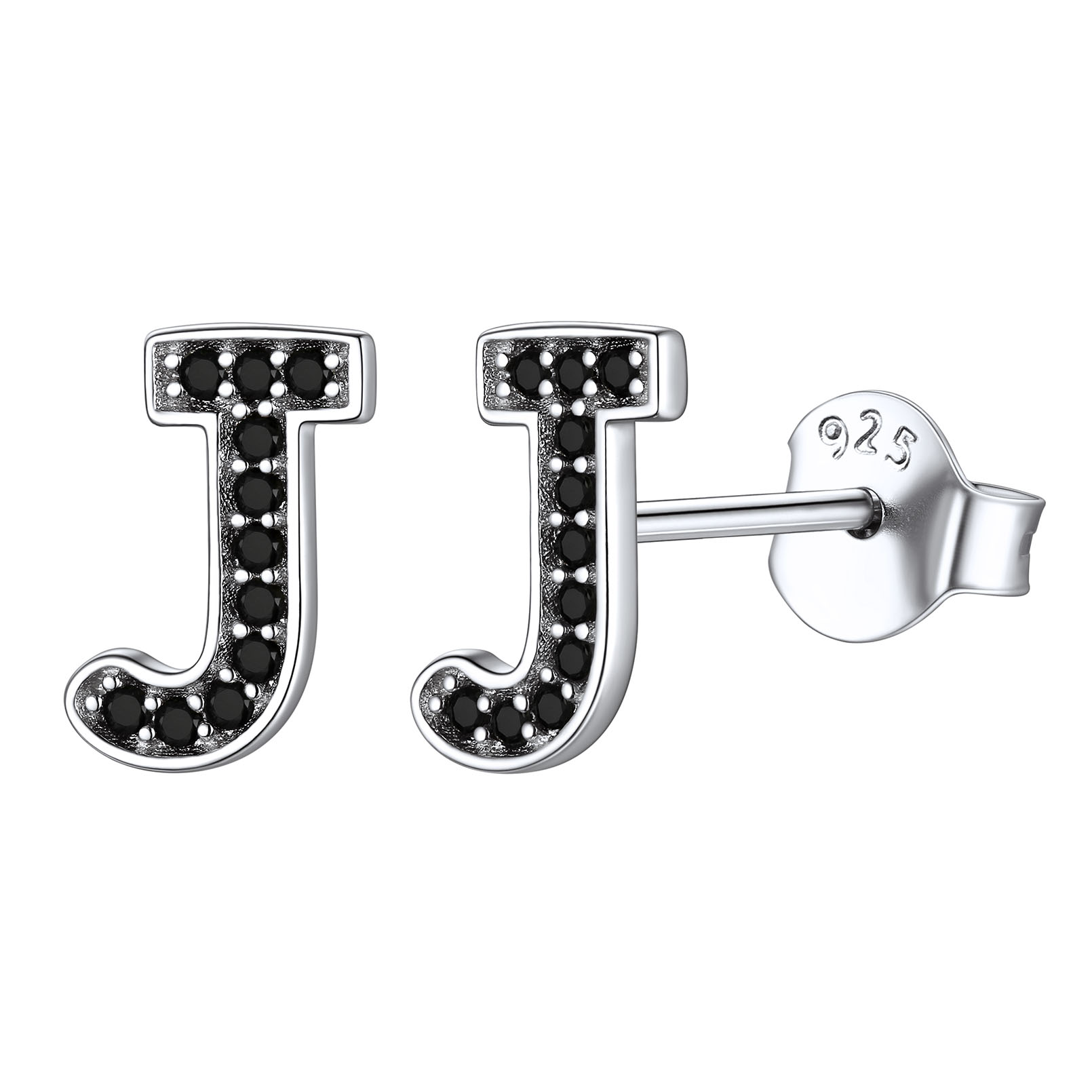 Dainty Black Cubic Zirconia Initial Alphabet Stud Earrings