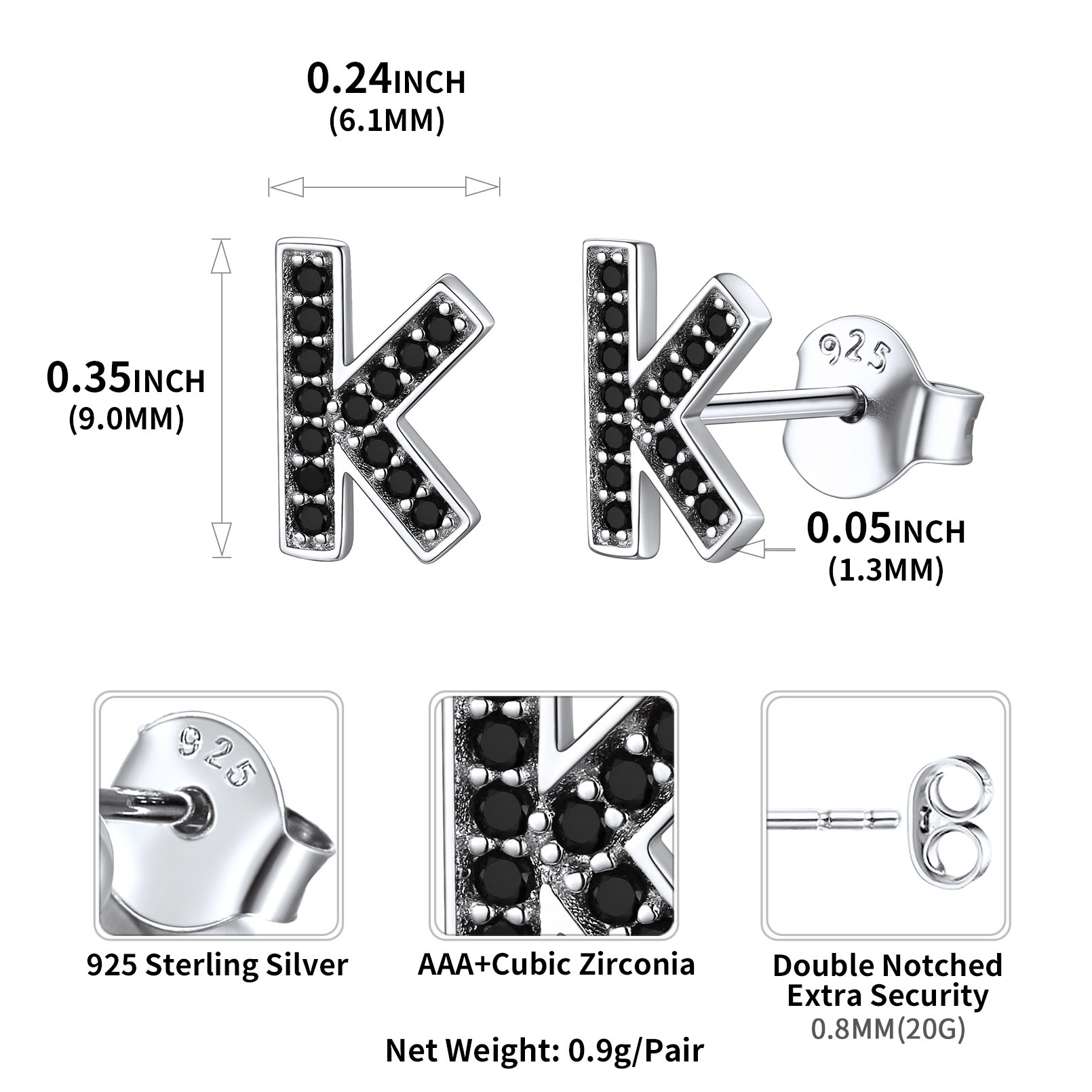 Sterling Silver ChicSilver Dainty Black Cubic Zirconia Initial K Alphabet Stud Earrings Details: Dimensions, Hypoallergenic, Push Back Finding