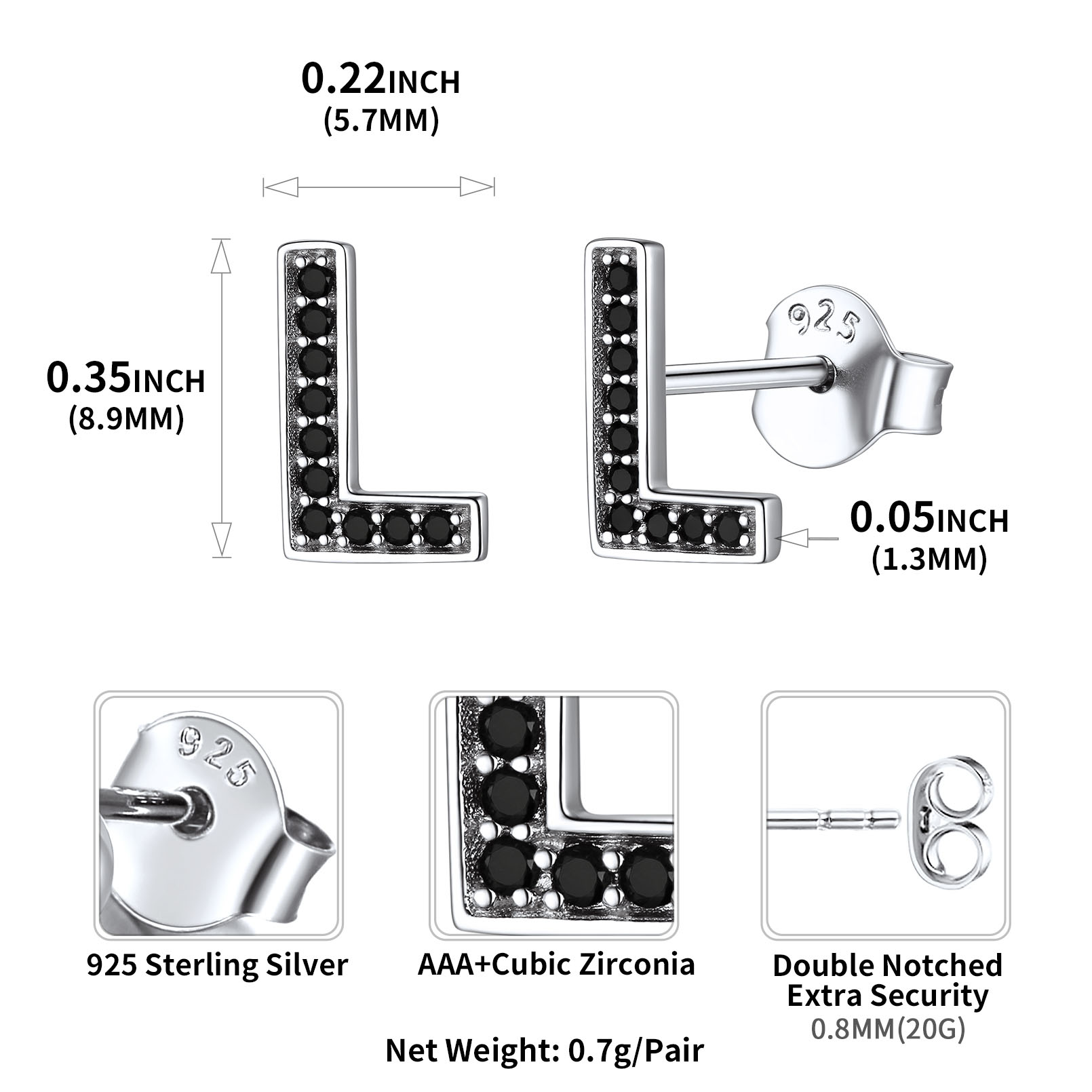 Sterling Silver ChicSilver Dainty Black Cubic Zirconia Initial L Alphabet Stud Earrings Details: Dimensions, Hypoallergenic, Push Back Finding