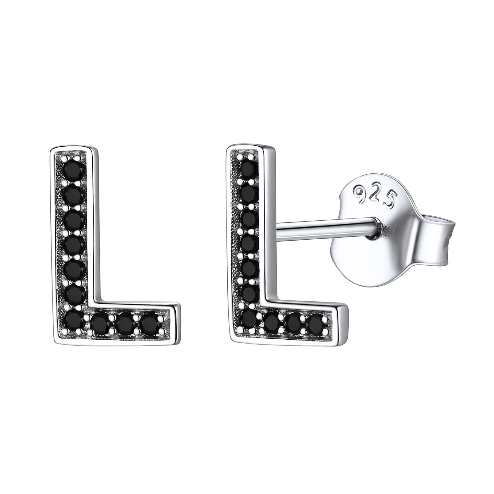 Dainty Black Cubic Zirconia Initial Alphabet Stud Earrings