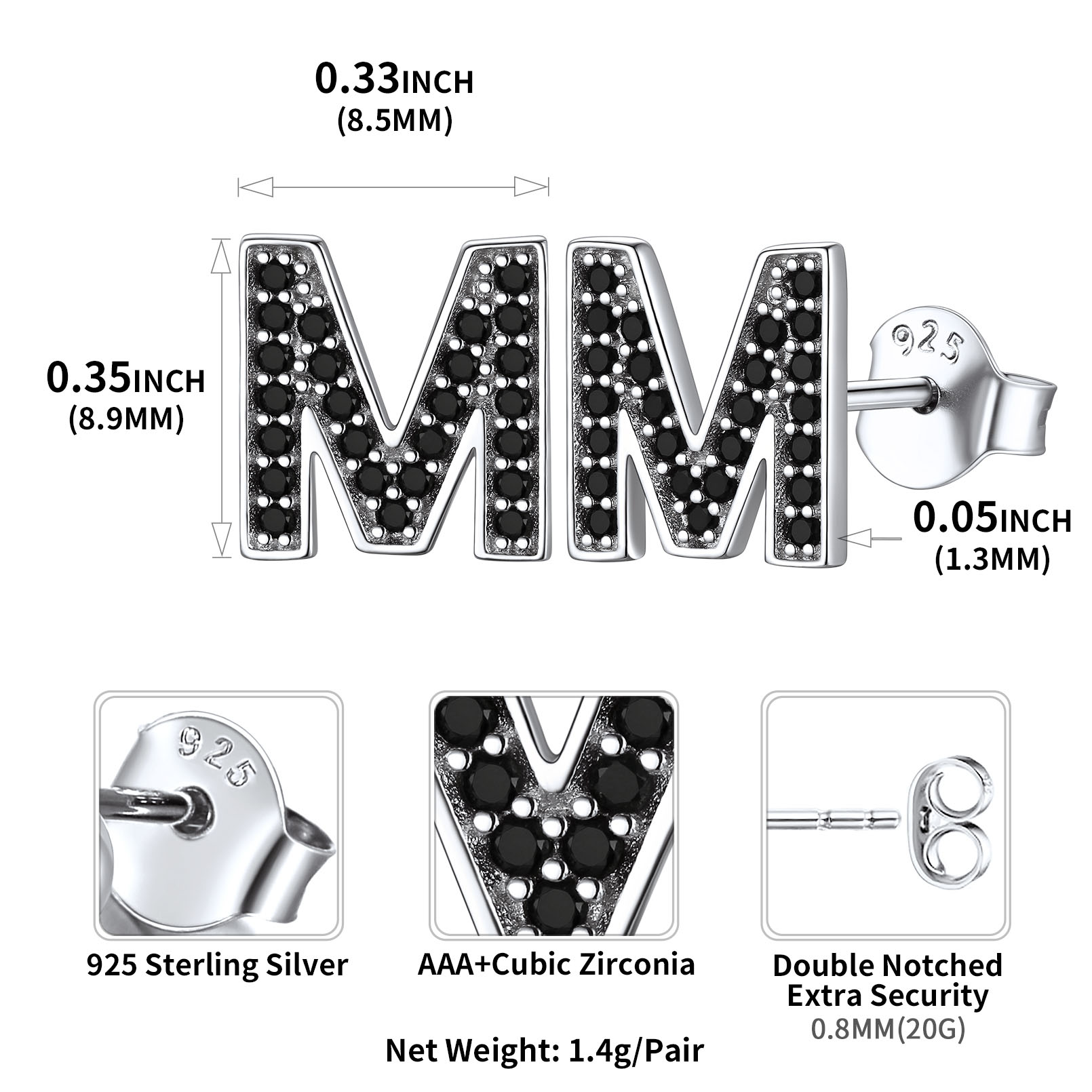 Sterling Silver ChicSilver Dainty Black Cubic Zirconia Initial M Alphabet Stud Earrings Details: Dimensions, Hypoallergenic, Push Back Finding
