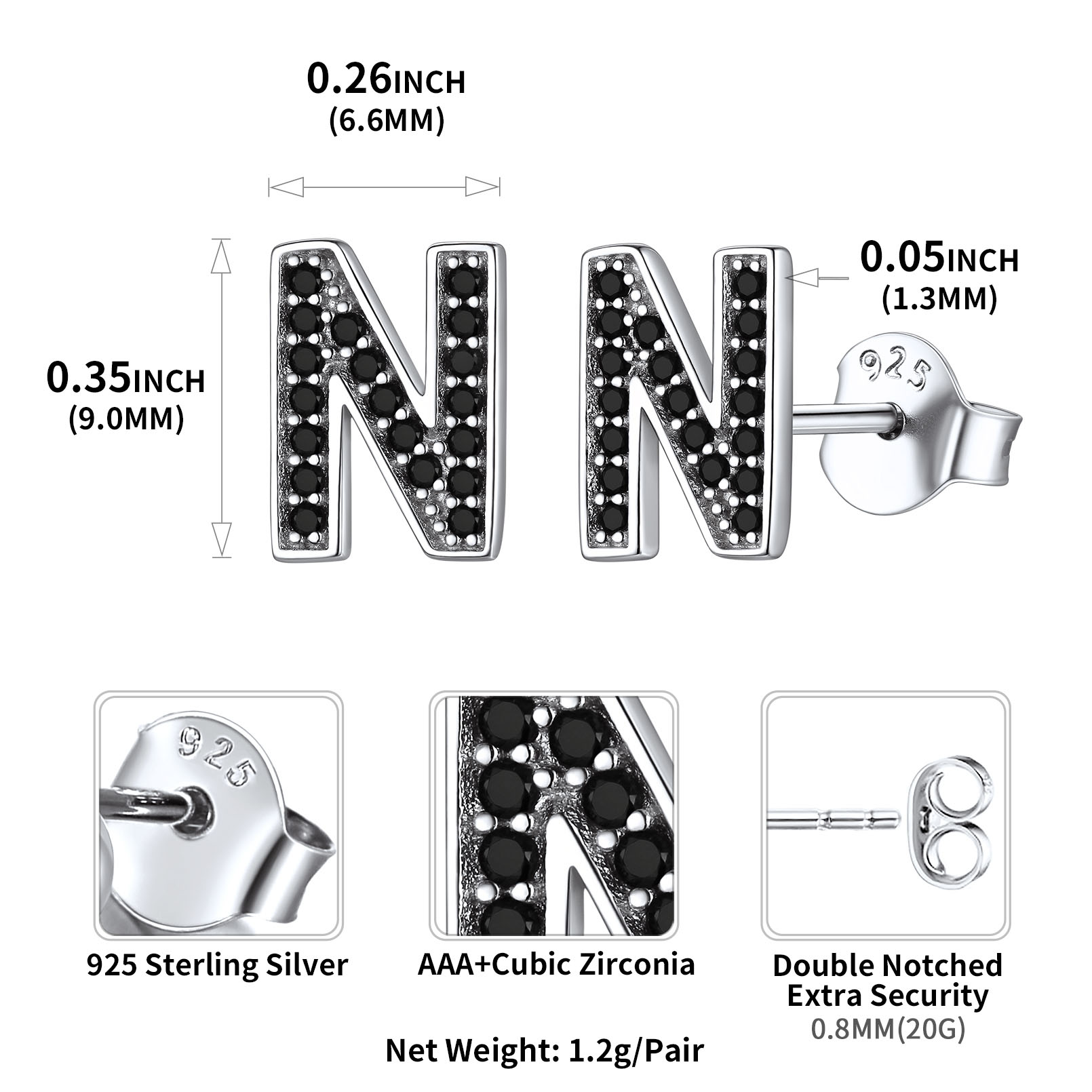 Sterling Silver ChicSilver Dainty Black Cubic Zirconia Initial N Alphabet Stud Earrings Details: Dimensions, Hypoallergenic, Push Back Finding