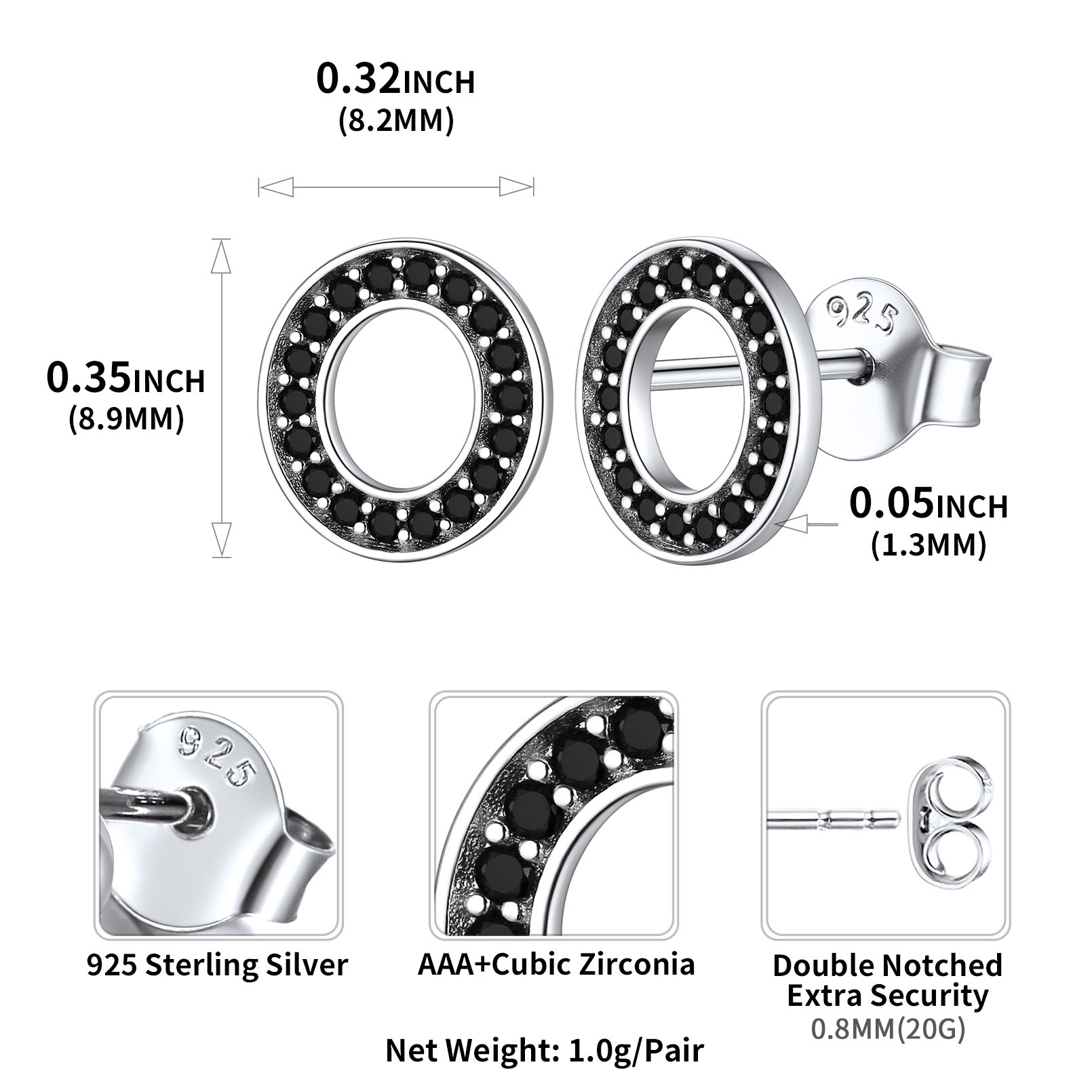 Sterling Silver ChicSilver Dainty Black Cubic Zirconia Initial O Alphabet Stud Earrings Details: Dimensions, Hypoallergenic, Push Back Finding