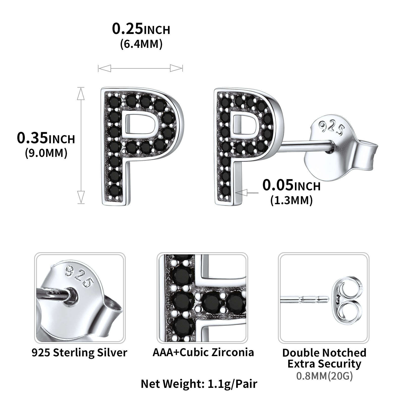 Sterling Silver ChicSilver Dainty Black Cubic Zirconia Initial P Alphabet Stud Earrings Details: Dimensions, Hypoallergenic, Push Back Finding
