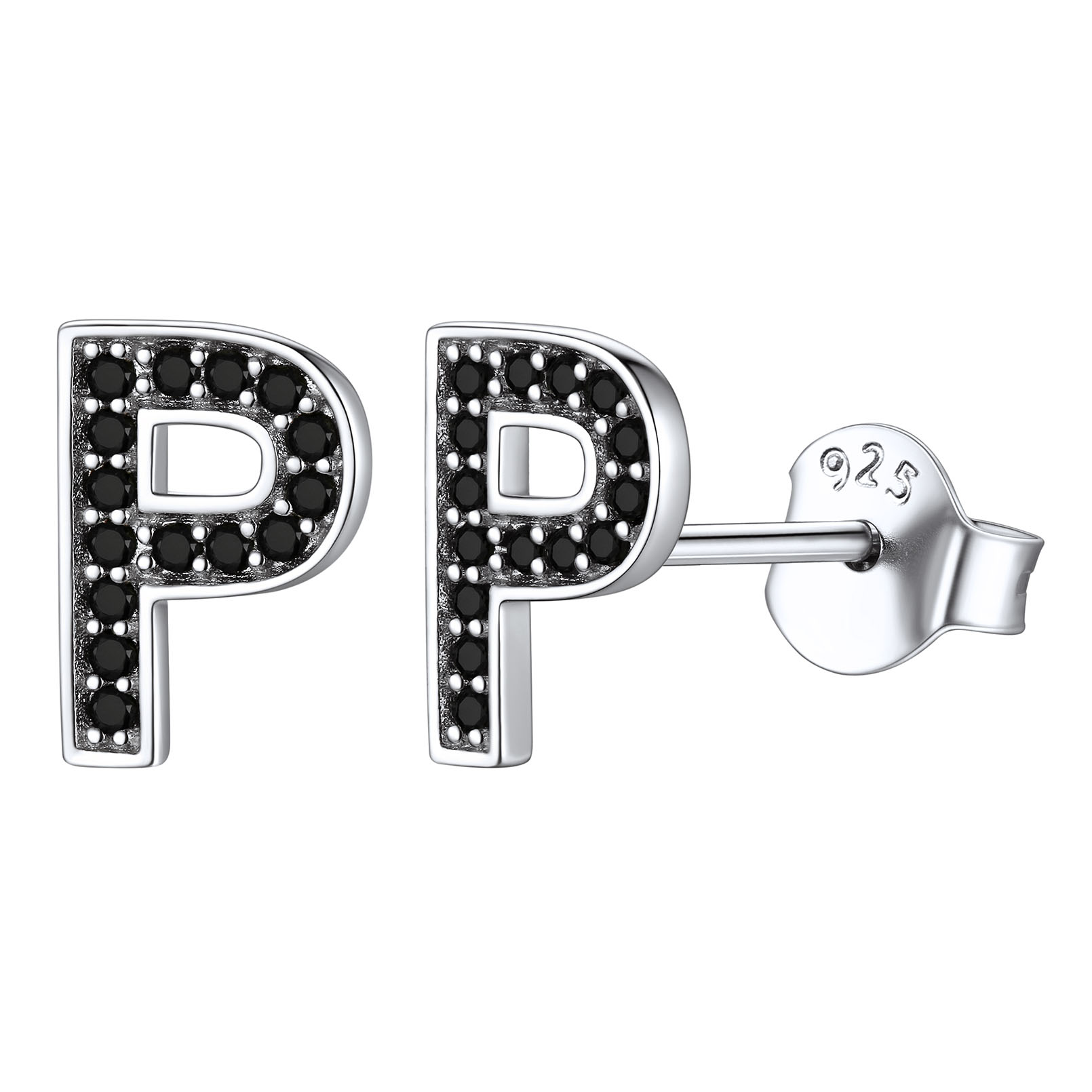 Dainty Black Cubic Zirconia Initial Alphabet Stud Earrings