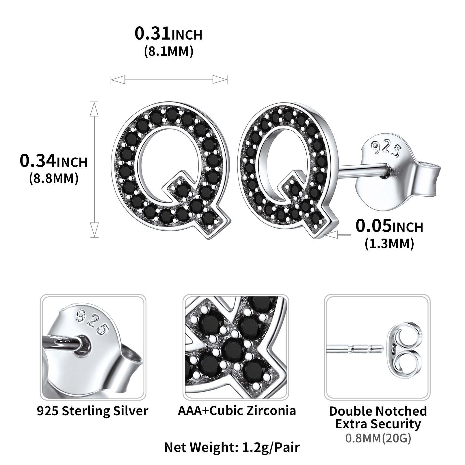 Sterling Silver ChicSilver Dainty Black Cubic Zirconia Initial Q Alphabet Stud Earrings Details: Dimensions, Hypoallergenic, Push Back Finding