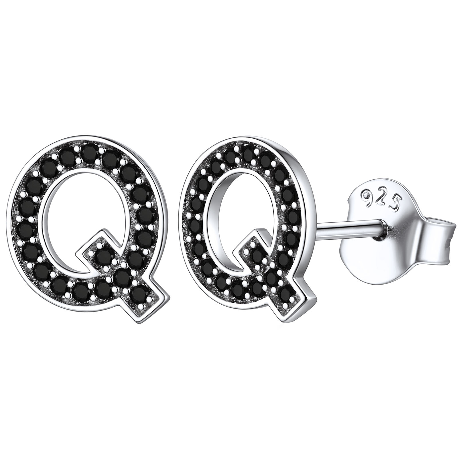 Dainty Black Cubic Zirconia Initial Alphabet Stud Earrings
