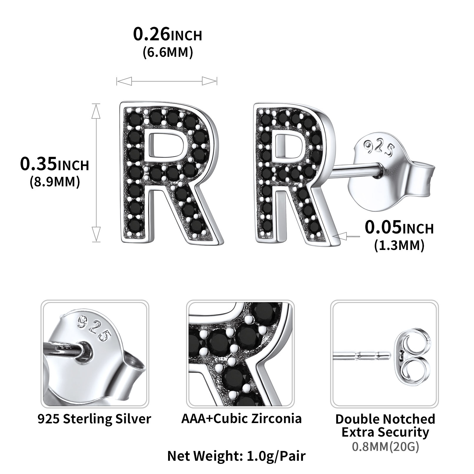 Sterling Silver ChicSilver Dainty Black Cubic Zirconia Initial R Alphabet Stud Earrings Details: Dimensions, Hypoallergenic, Push Back Finding