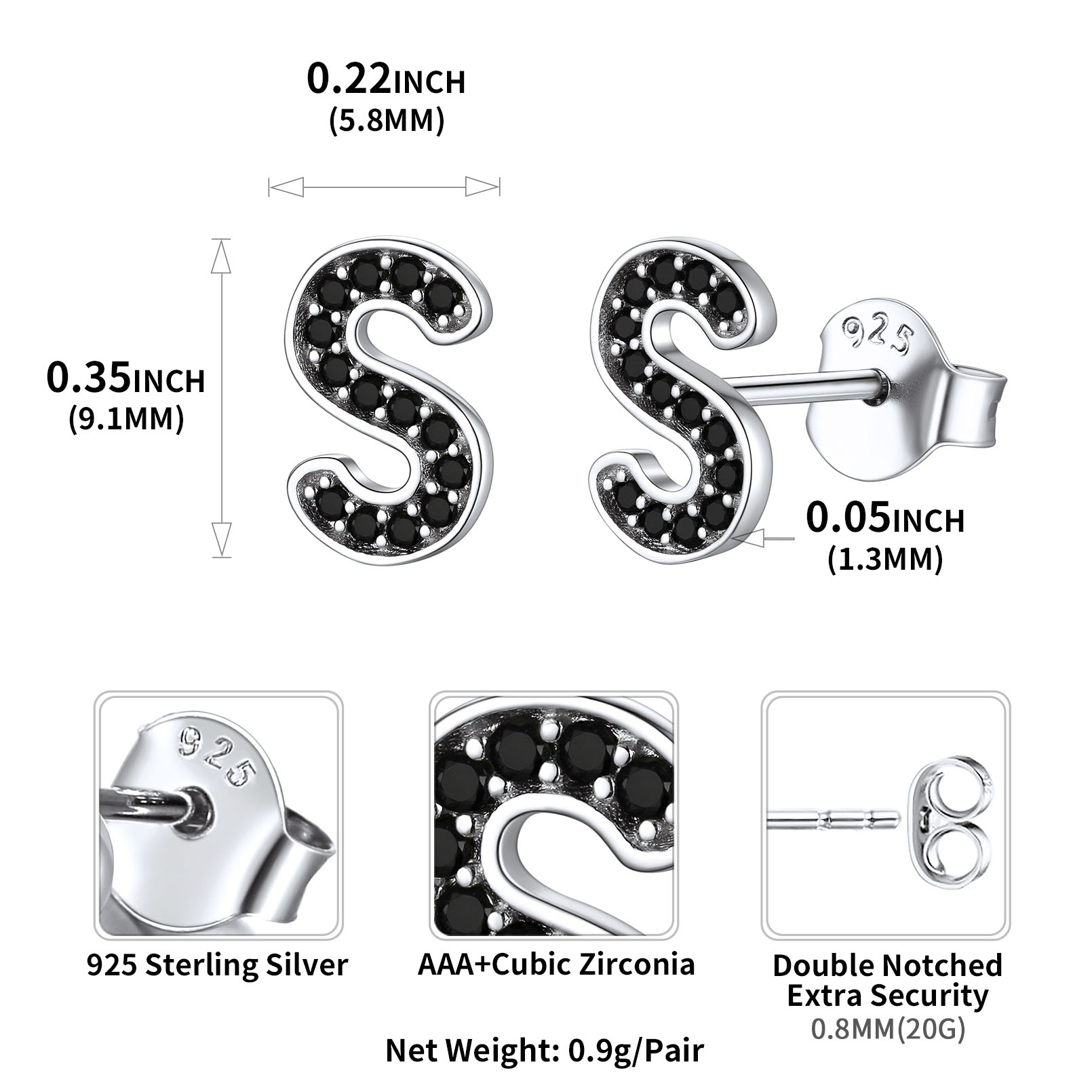 Sterling Silver ChicSilver Dainty Black Cubic Zirconia Initial S Alphabet Stud Earrings Details: Dimensions, Hypoallergenic, Push Back Finding