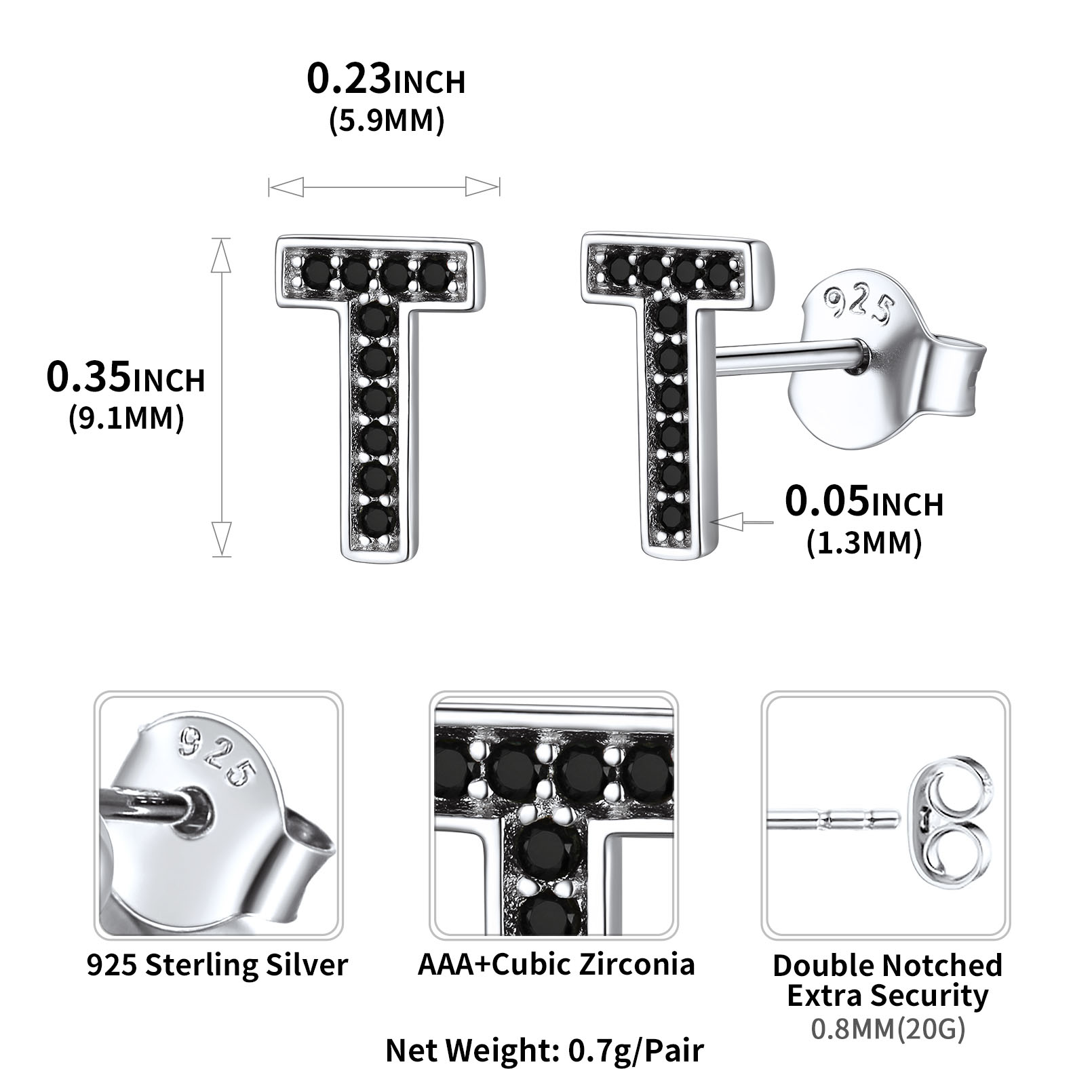 Sterling Silver ChicSilver Dainty Black Cubic Zirconia Initial T Alphabet Stud Earrings Details: Dimensions, Hypoallergenic, Push Back Finding