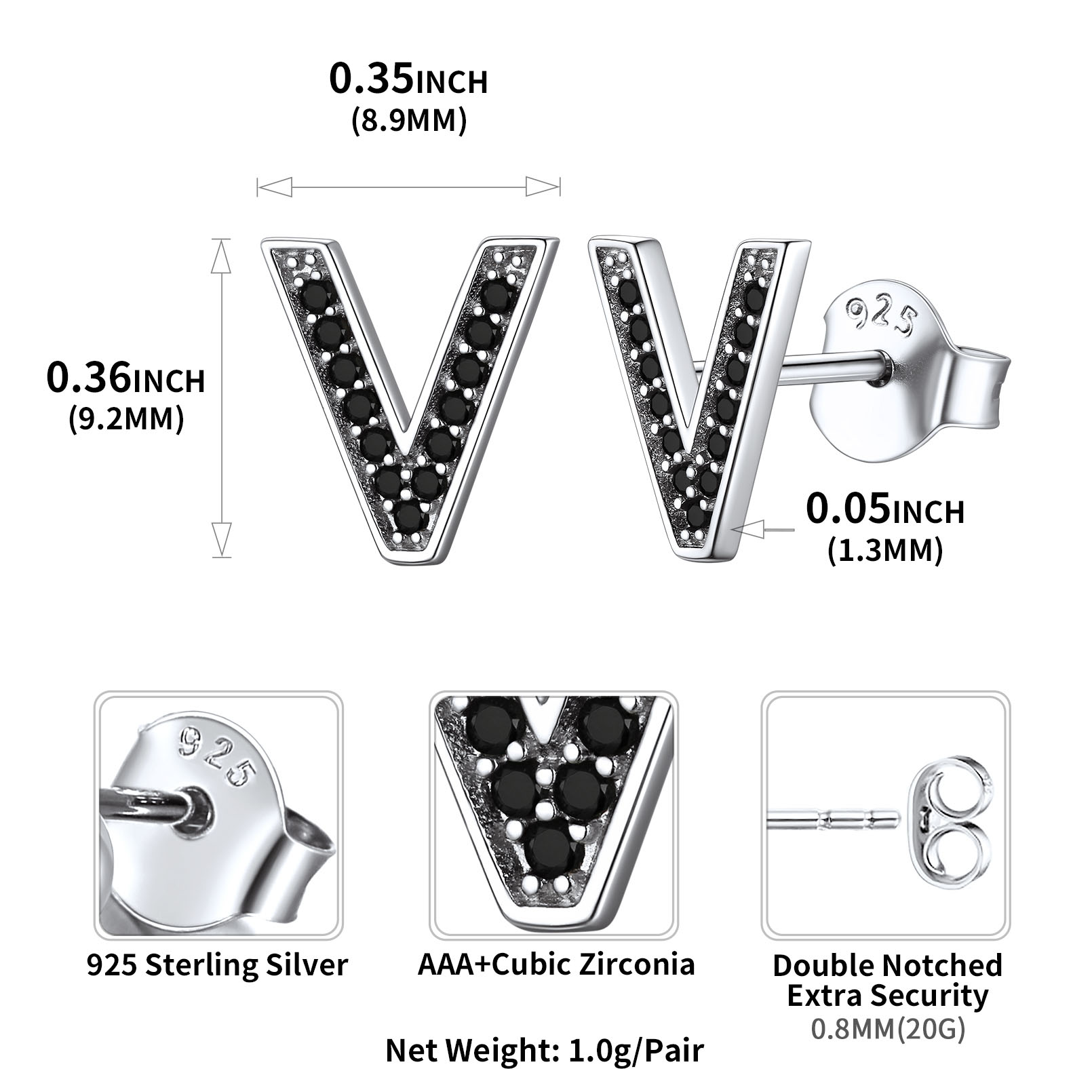 Sterling Silver ChicSilver Dainty Black Cubic Zirconia Initial V Alphabet Stud Earrings Details: Dimensions, Hypoallergenic, Push Back Finding