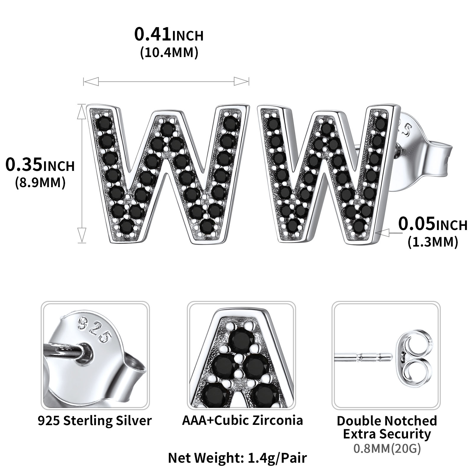 Sterling Silver ChicSilver Dainty Black Cubic Zirconia Initial W Alphabet Stud Earrings Details: Dimensions, Hypoallergenic, Push Back Finding