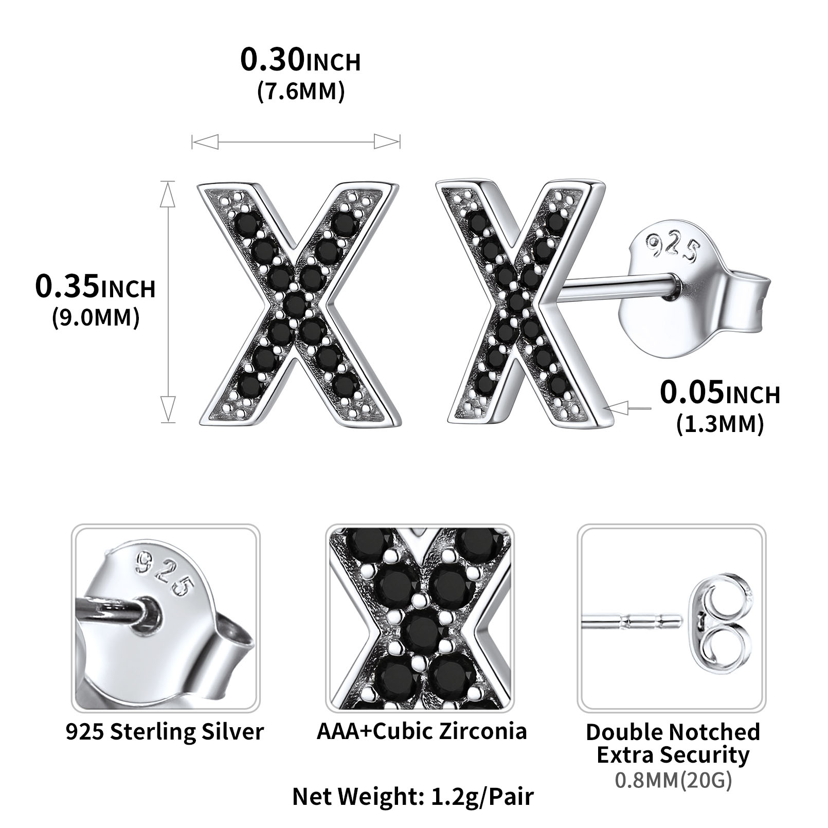 Sterling Silver ChicSilver Dainty Black Cubic Zirconia Initial X Alphabet Stud Earrings Details: Dimensions, Hypoallergenic, Push Back Finding